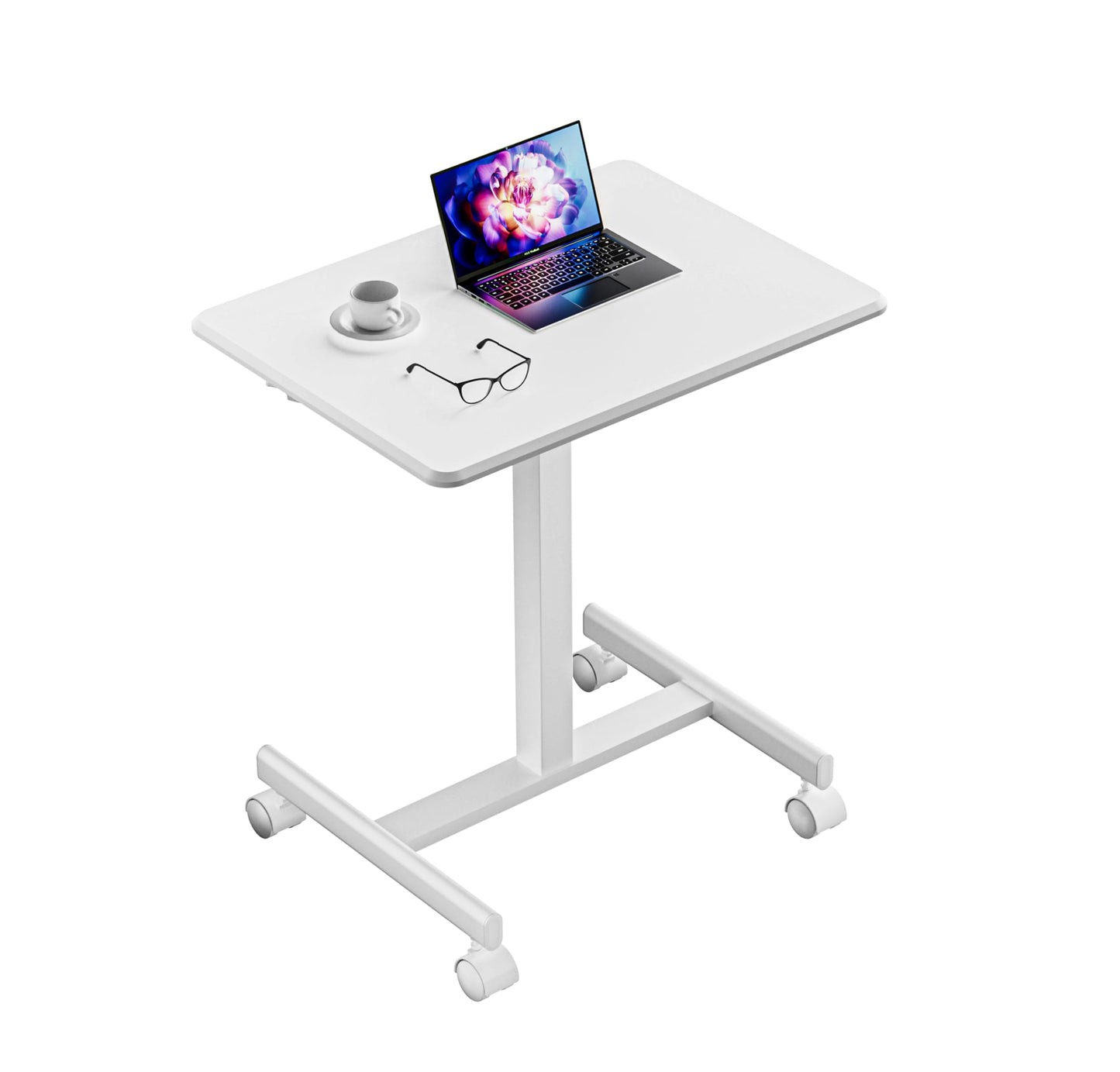 JUNHEDAMAI Mobile Standing Desk Adjustable Height, Portable Rolling Laptop Desk with Lockable Wheels and Hook, Sit Stand Up Desk, Standing Rolling Cart Desk with Gas Spring for Home, Office, Hospital