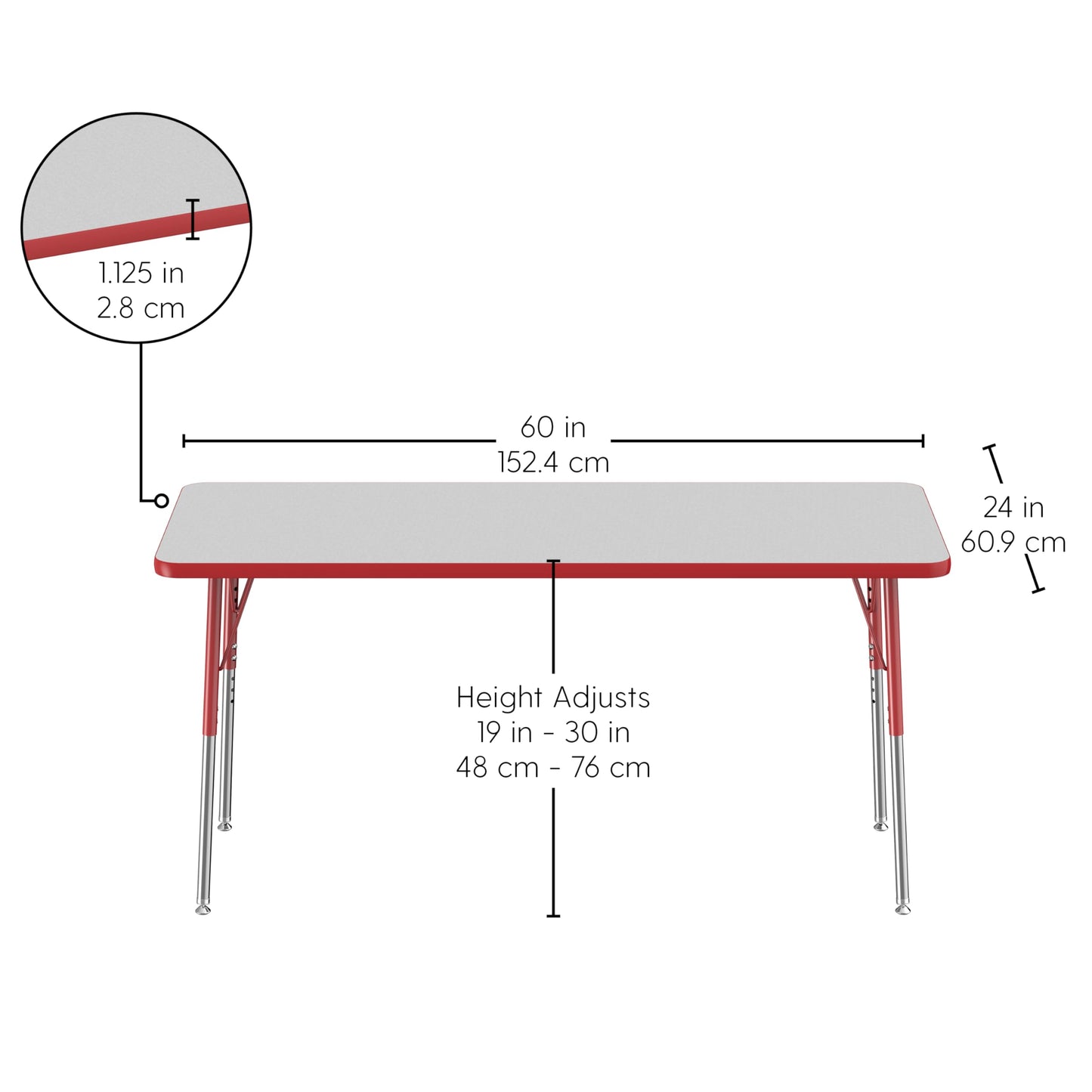 FDP Rectangle Activity School and Office Table (24 x 60 inch), Standard Legs with Swivel Glides, Adjustable Height 19-30 inches - Gray Top and Red Edge