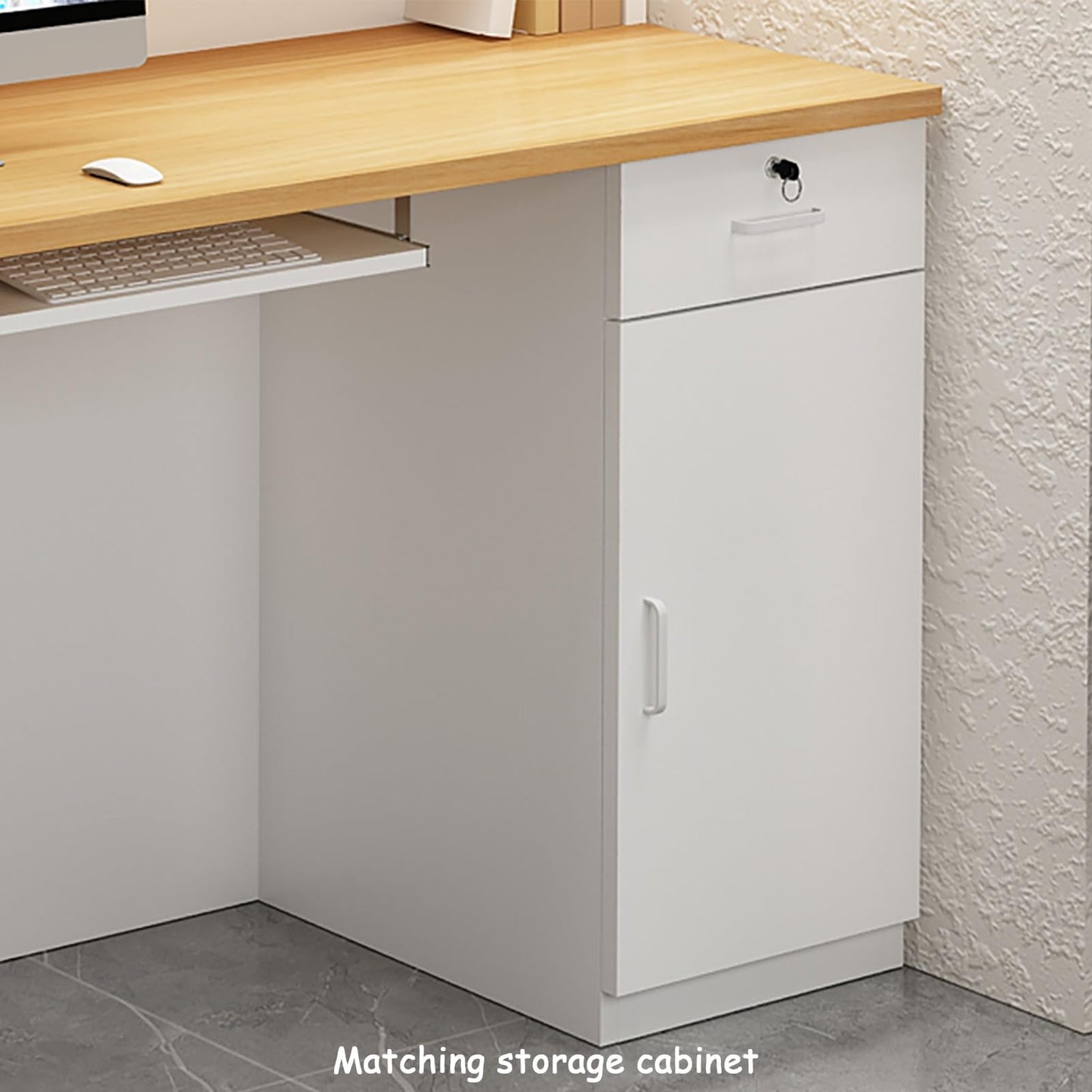 Modern LED Reception Desk with Keyboard Tray & Drawer - White Retail Checkout Counter Table (100x55x100cm) for Office, Salon, or Hotel