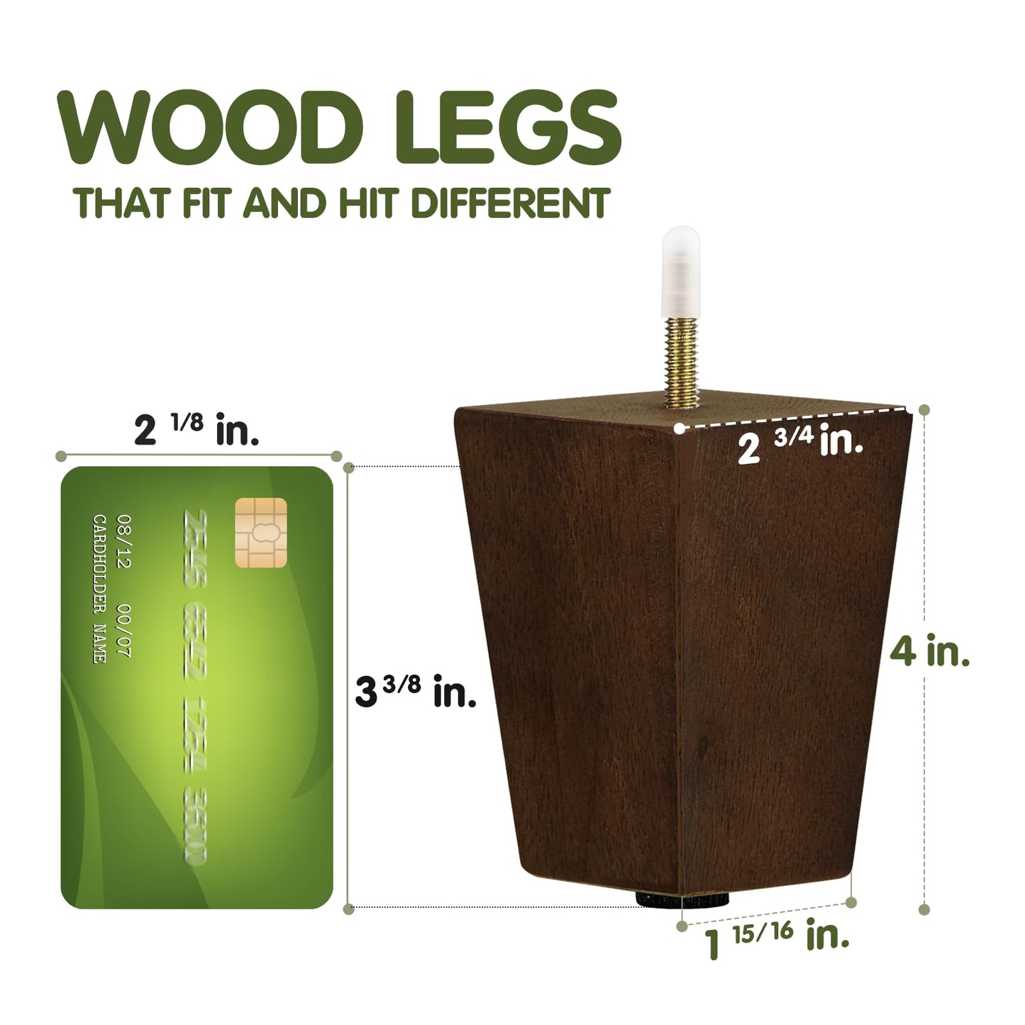 Yes4All 4-Inch Square Wooden Furniture Legs Set of 4, Brown Mid-Century Modern Feet for Sofa, Ottoman, Bench, Dresser, and Table Risers with Adjustable Levelers for Stability and Floor Protection
