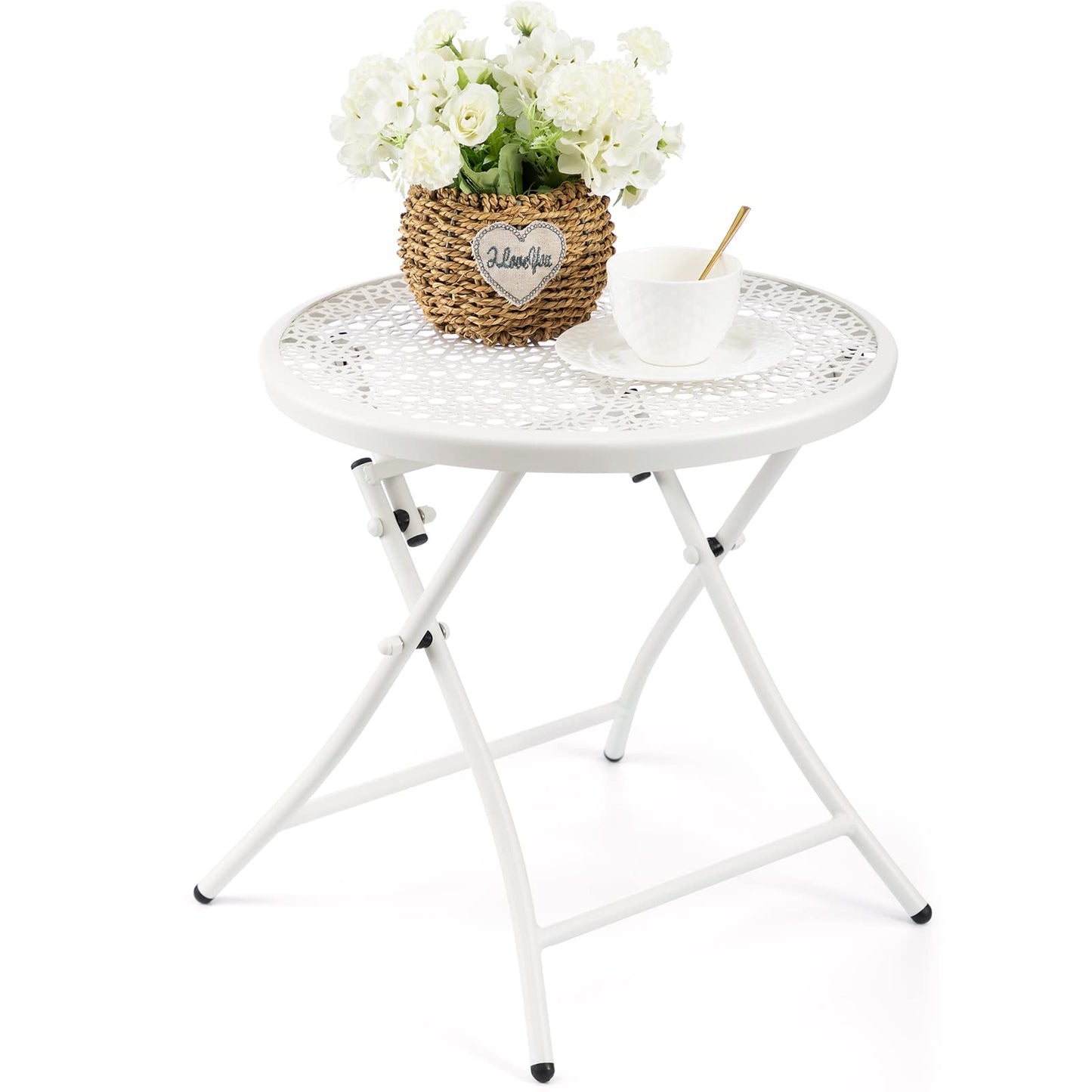 TeoKJ Folding Outdoor Side Tables, Anti Rust Small Patio Table Round Metal Nightstand with Flower Cutouts for Porch Yard Balcony Deck Lawn, White