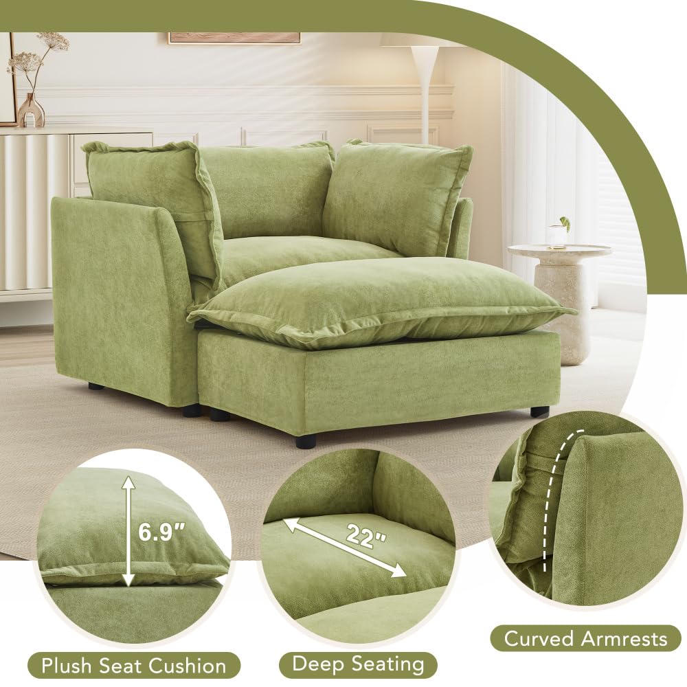 Asmeten Modern Armchair Sofa 47" Cozy Upholstered Sofa Chair with Movable Ottoman, Wide Seat, Curved Armrests and Soft Pillows for Living Room, Bedroom,Green (Green + Chenille + 2 Seat + Foam)