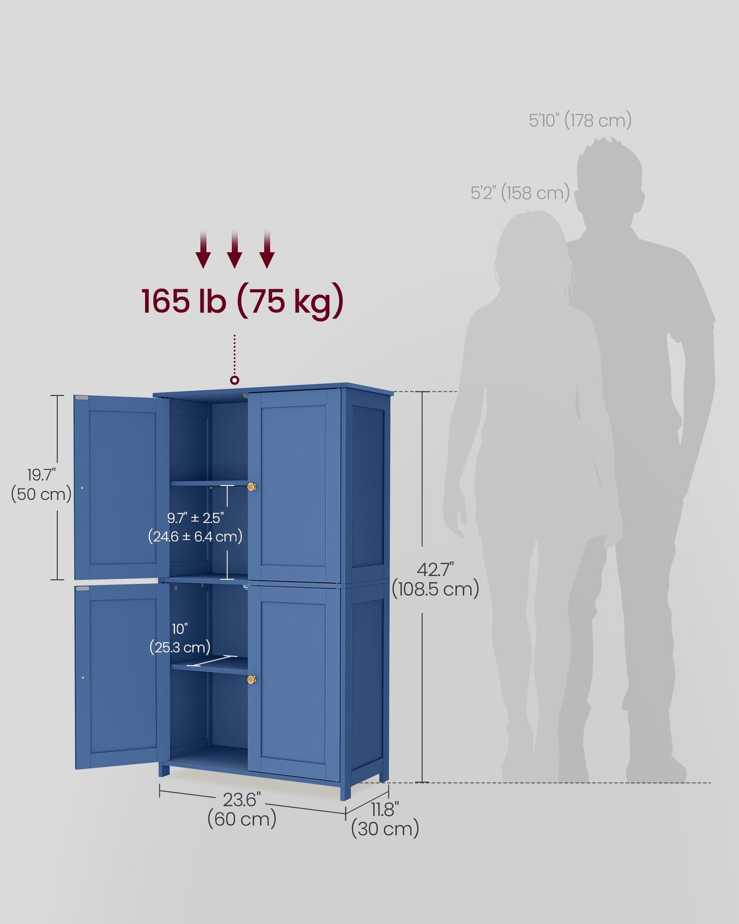 VASAGLE Floor Storage Cabinet, Shaker Cabinet with 2 Adjustable Shelves, 4 Doors, Tall Freestanding Organizer Unit, for Kitchen Bathroom Living Room, Bijou Blue UBBC553QE01S