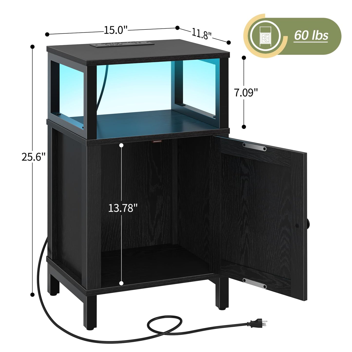 Yoobure Farmhouse NightStand with Charging Station，Wood Night Stand End with USB Ports, LED Bed Side Table with Storage Cabinet，Bedside Table for Bedroom, Living Room Black