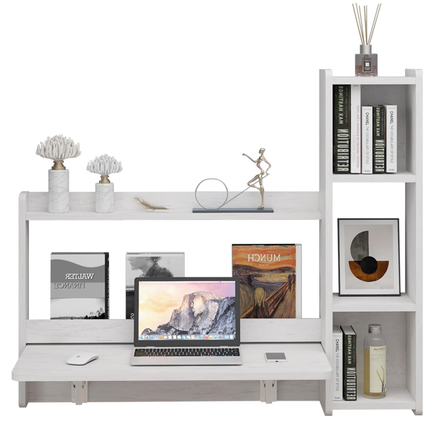 Pmnianhua Floating Desk,41'' Wall Mounted Desk,Fold Down Laptop Desk,Folding Workstation,Space Saving Table with Storage for Bedroom Study Room Small Space (Off White-Left)