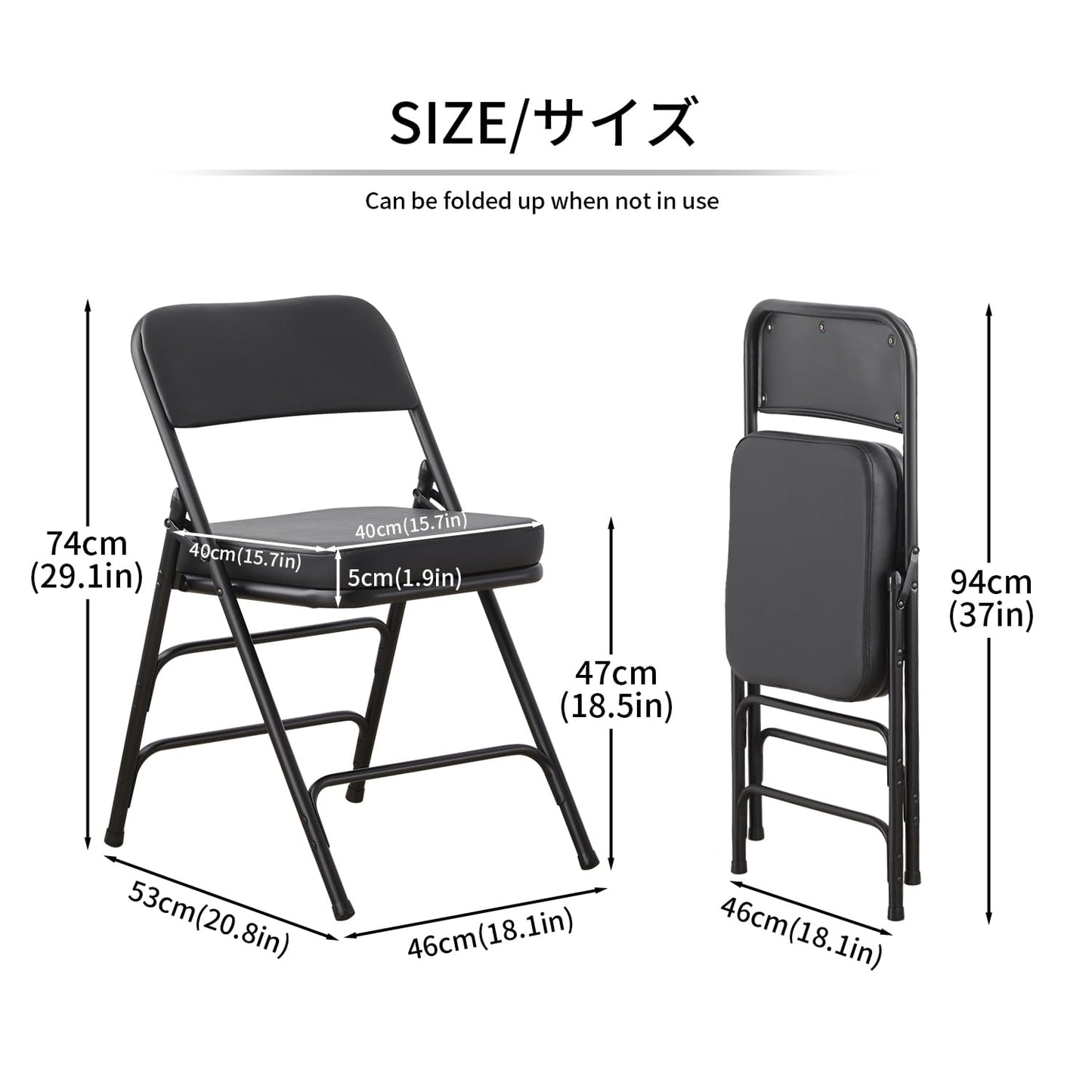 KAIHAOWIN 2 Pack Folding Chairs with Ultra Thick Padded Seat Foldable Chair Indoor Comfortable Metal Chairs with Soft Cushion-Black