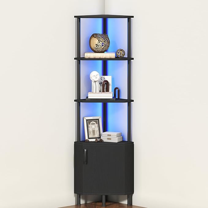 HOOBRO Corner Cabinet with LED Light, Corner Shelf Stand with Storage and Doors