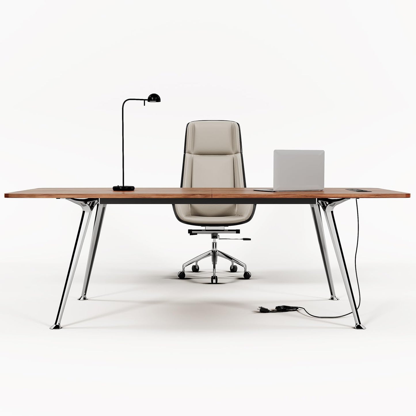 60-Inch Executive Desk, Modern Desk for Home Office, Wooden Study Writing Work Table with Power Outlets and USB-C Port, Large Legroom, Sturdy Metal Frame, Mid-Century Modern Simple, Walnut Brown