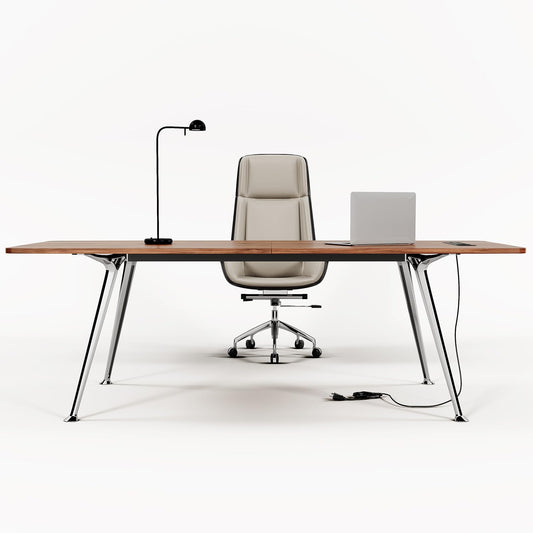 60-Inch Executive Desk, Modern Desk for Home Office, Wooden Study Writing Work Table with Power Outlets and USB-C Port, Large Legroom, Sturdy Metal Frame, Mid-Century Modern Simple, Walnut Brown
