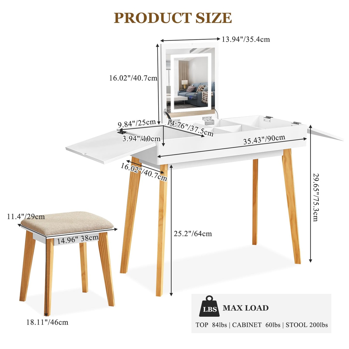 JanflyHome Small Vanity Desk, Flip Top Makeup Vanity, Makeup Vanity Desk with Mirror & LED Light, Power Outlet, Compact Dressing Table with Cushioning Stool, Vanity Desk Set for Kids, White