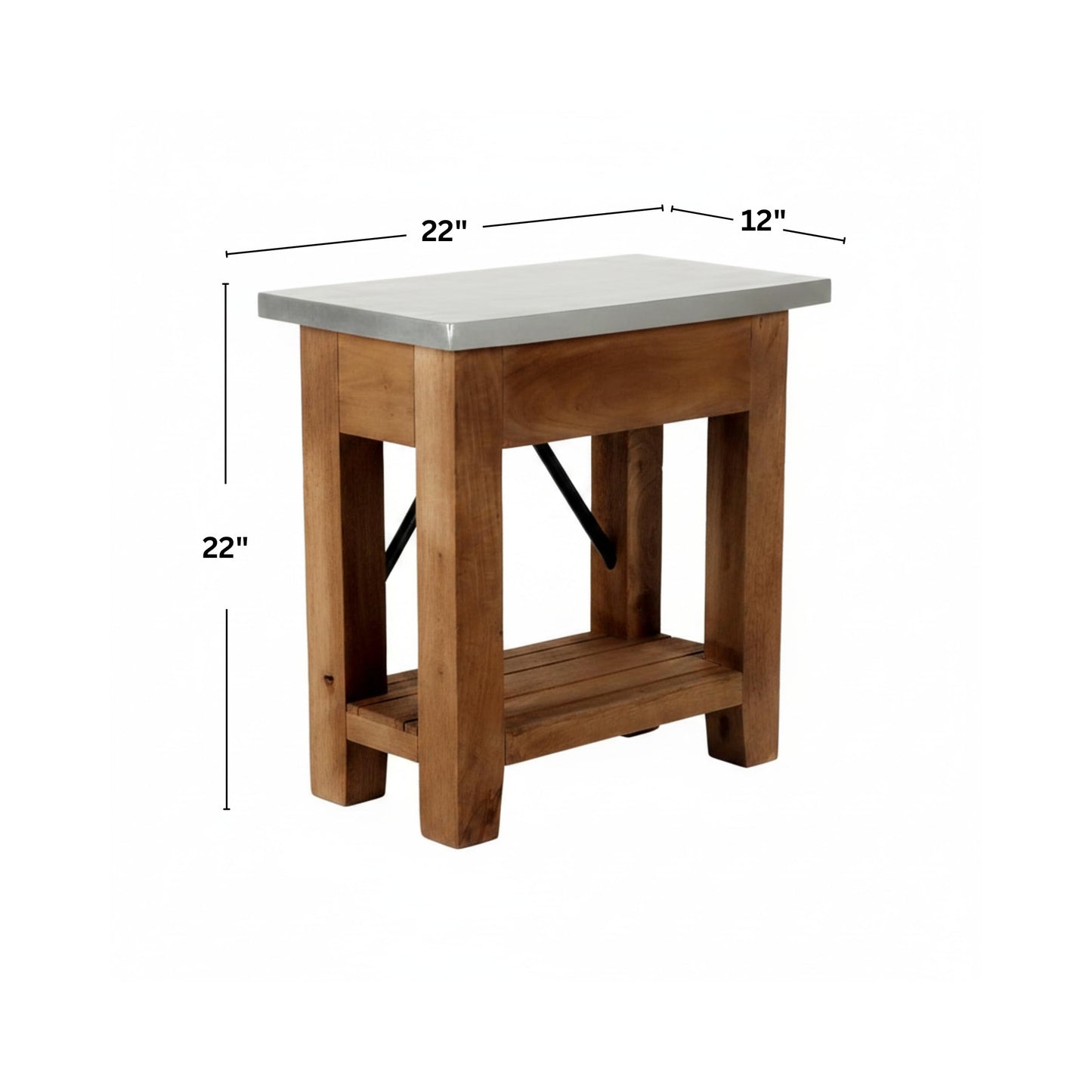 Millwork End Table with Steel Top – Rustic Industrial Narrow Side Table with Lower Shelf and Crossbar Accent – Small Space Accent Table for Living Room, Bedroom, Office by Alaterre Furniture
