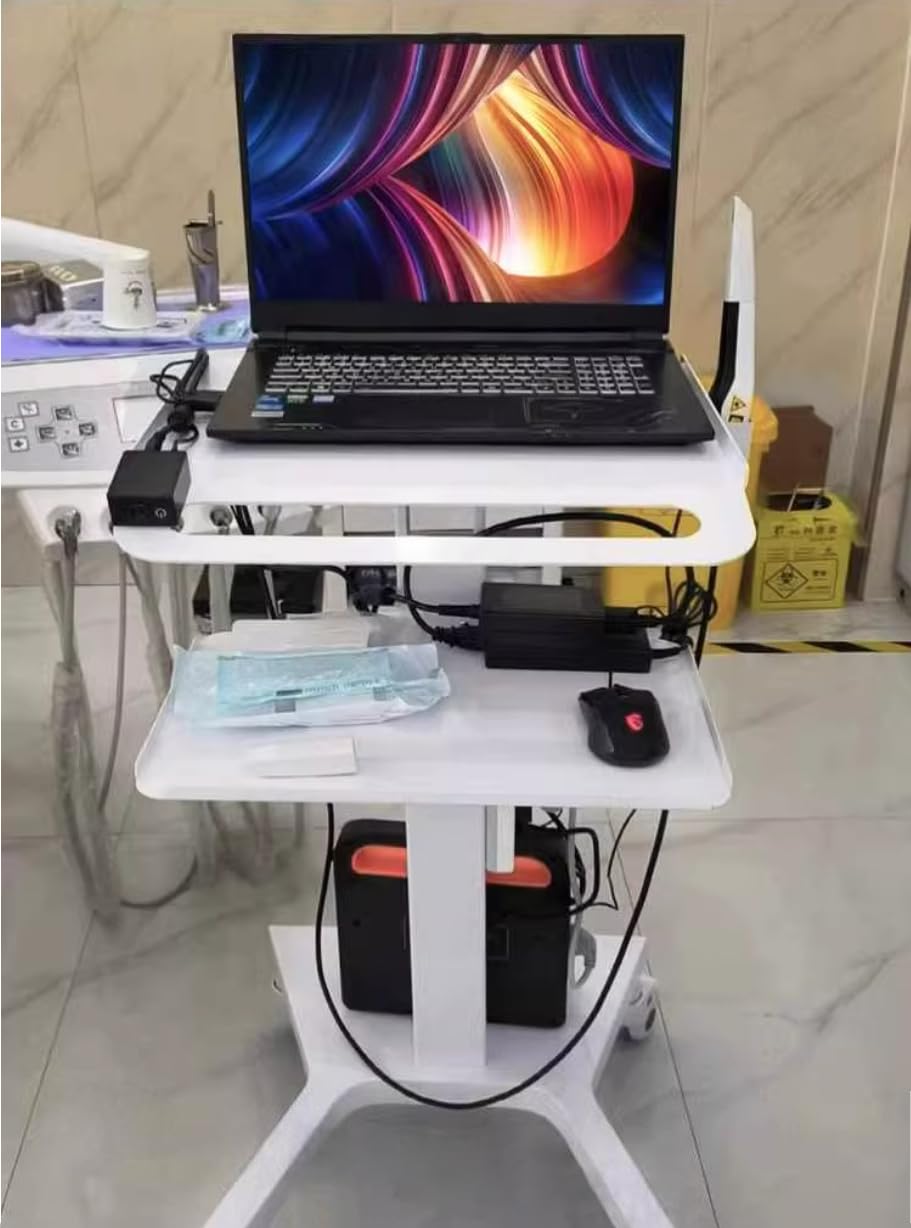 Medical Laptop Workstation Cart with Wheels, Adjustable Height Rolling Lab Trolley with Scanner Holder - Sturdy Mobile Computer Desk for Dental Clinics, Hospitals, Offices & Medical Labs (KSJ002)
