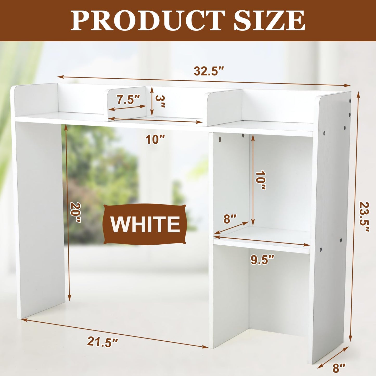 Briwooody Dorm Desk Bookshelf Desk Hutch Organizer with 5 Shelves and 3 Tier Desktop Hutch Storage Organizer for College Dorm Home Office Supply, 32.5 x 23.5 x 8 Inch(White)