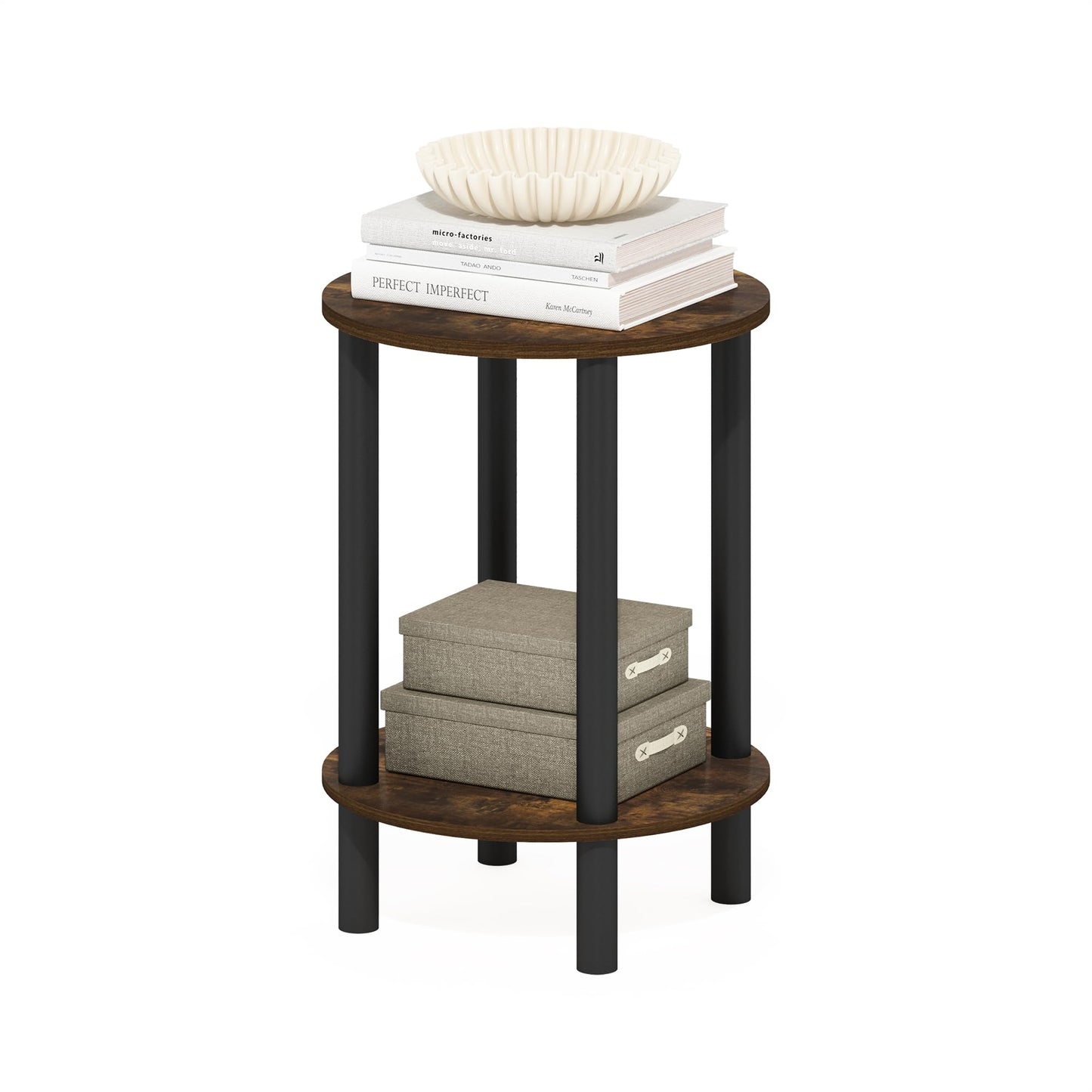 Furinno Turn-N-Tube Side Table, 2-Tier Round End Table, Toolless Assembly Night Stand, Bedside Table with Open Shelf, for Living Room, Bedroom, Amber Pine