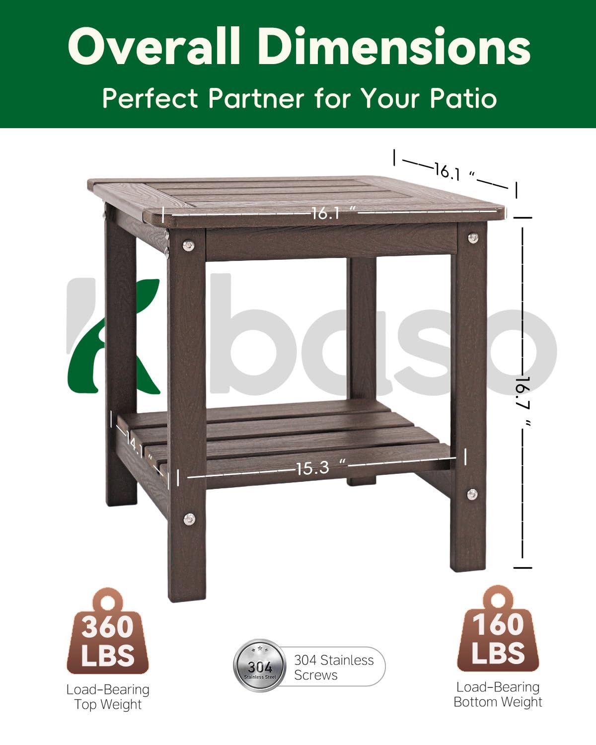 Kibaso-Adirondack Outdoor Side Table, 2-Tier HDPE Outdoor End Table, Weather Resistant Easy Maintenance, Small Patio Side Table for Patio, Pool, Porch, Garden, Lawn, and Living Room (1, Coffee Brown)