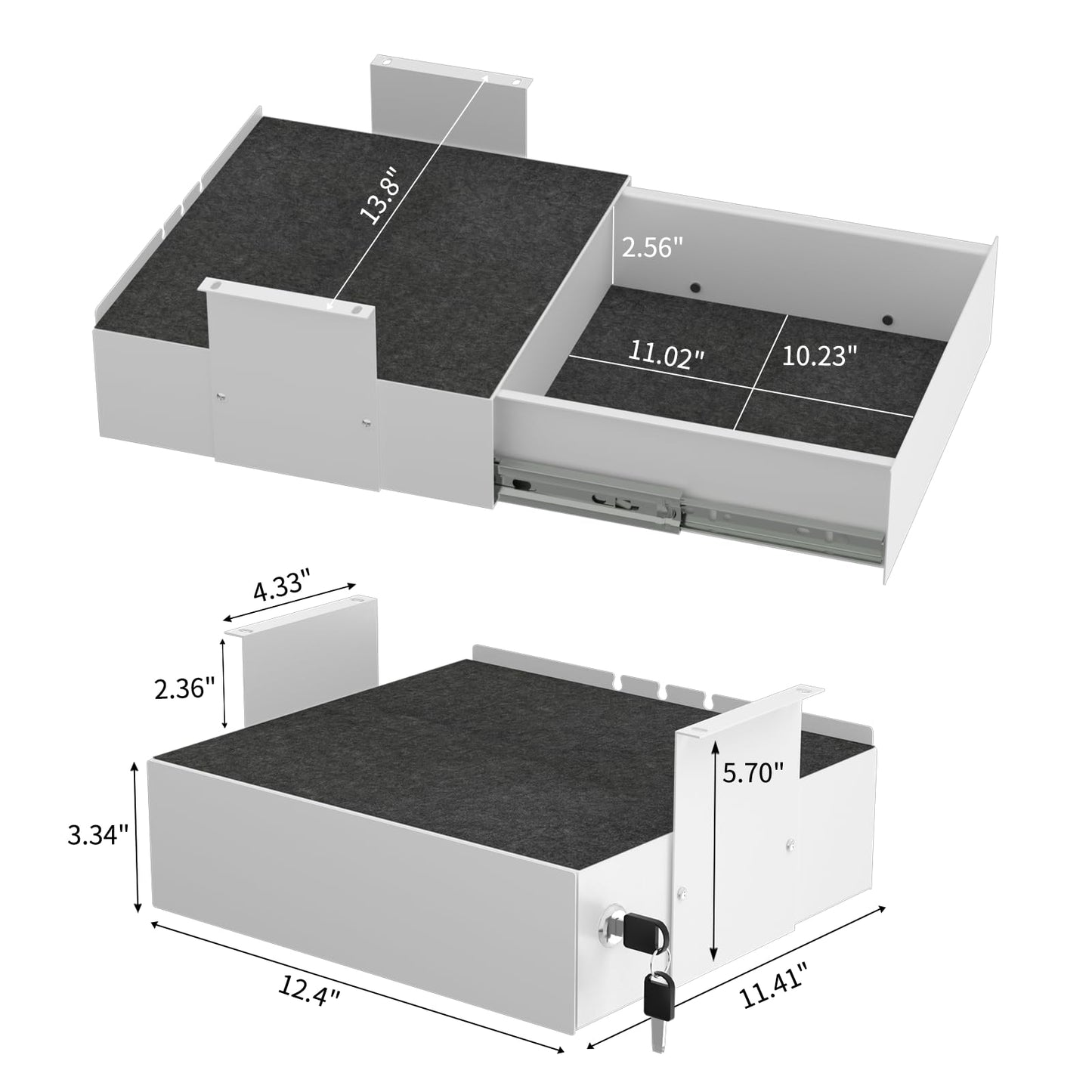 ERGO COLLECT Under Desk Slide Out, Lockable Steel Storage Drawer with Lock and Keys, Full-Extension Slides, Undermount Drawer for Home Office & Standing Desk, 13.8 Inch, White