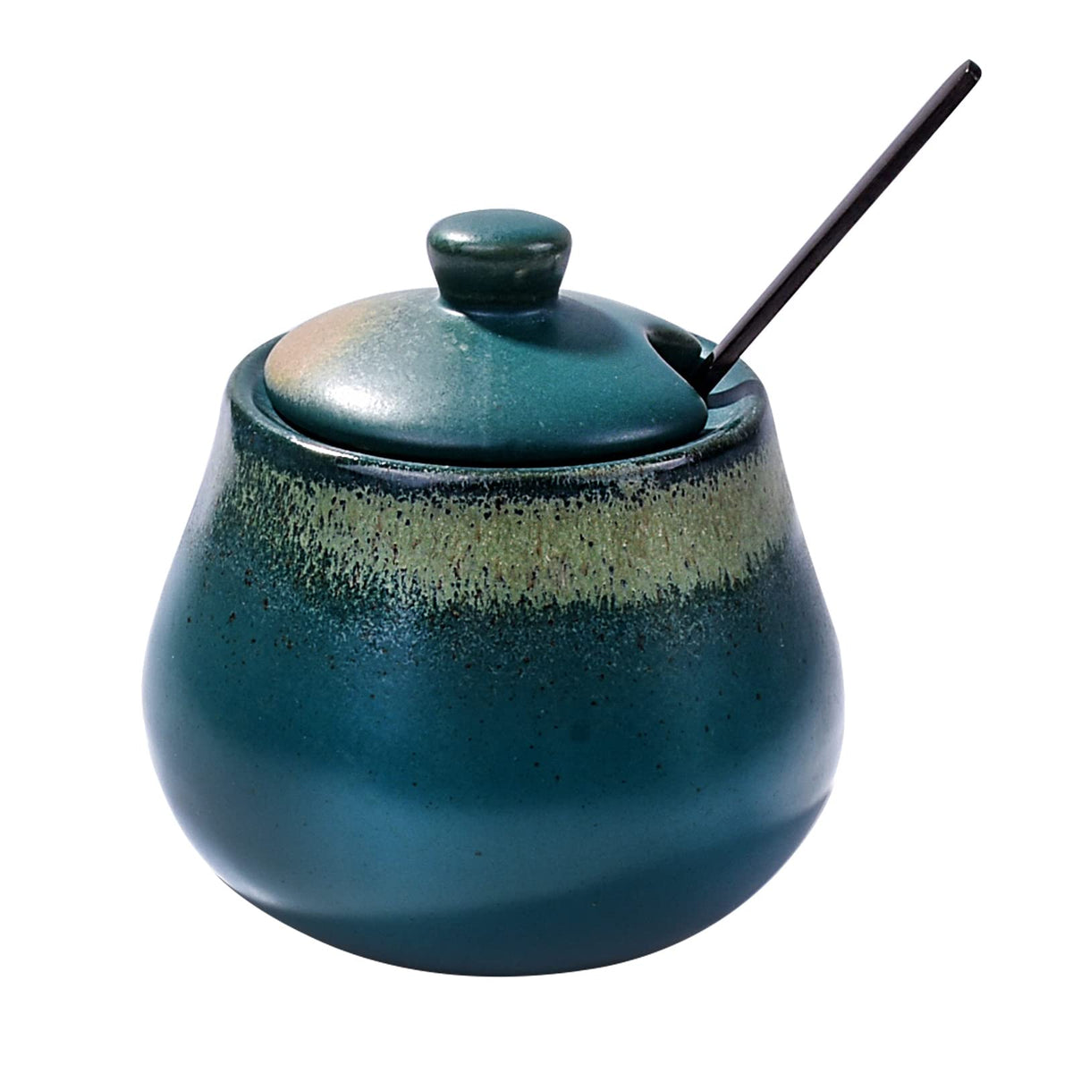 BOSILI Green Ceramic Sugar Bowls with Spoon Porcelain Salt Container with Lid for Home and Kitchen