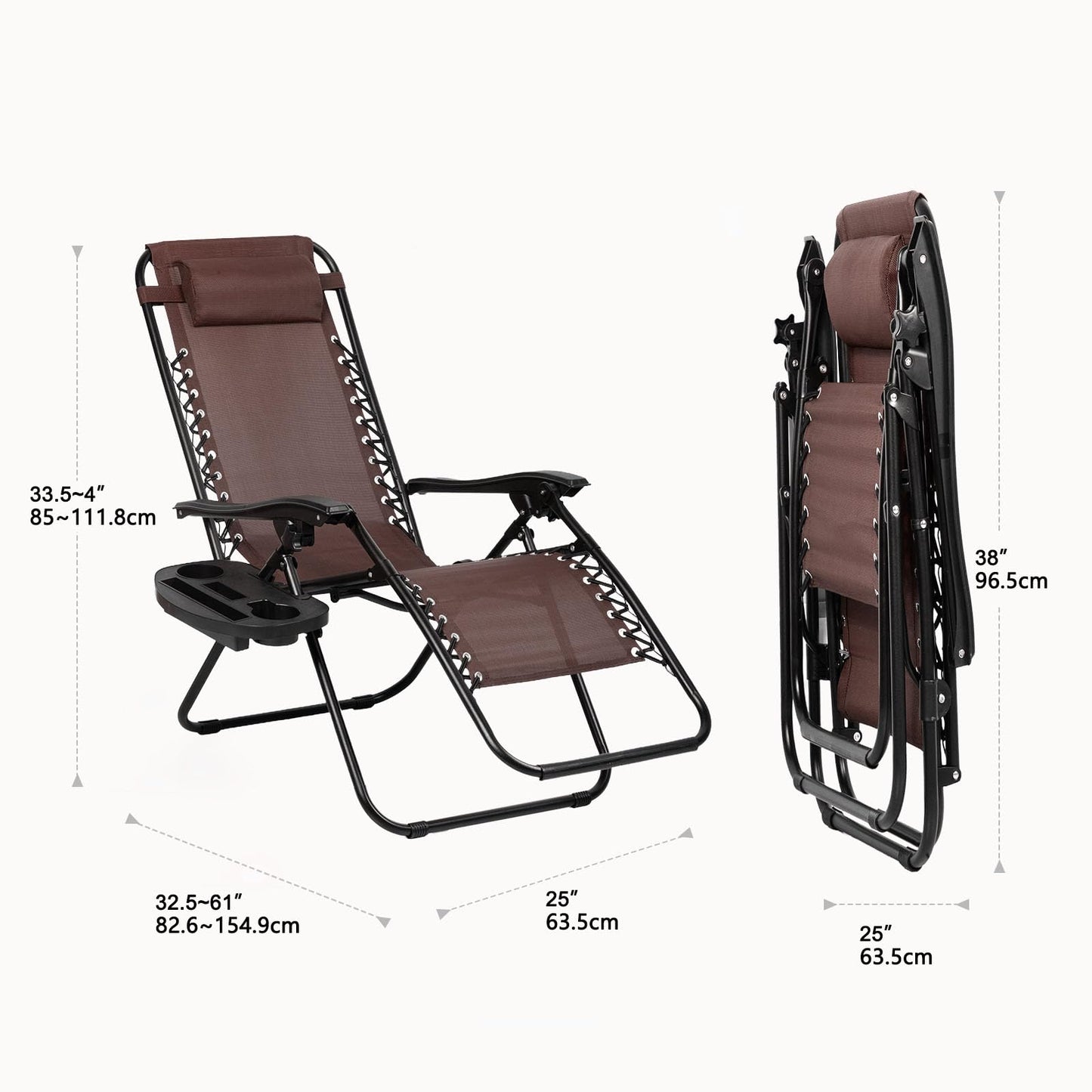 Nazhura Set of 2 Relaxing Recliners Patio Chairs Adjustable Steel Mesh Zero Gravity Lounge Chair Beach Chairs with Pillow and Cup Holder Khaki (Brown)
