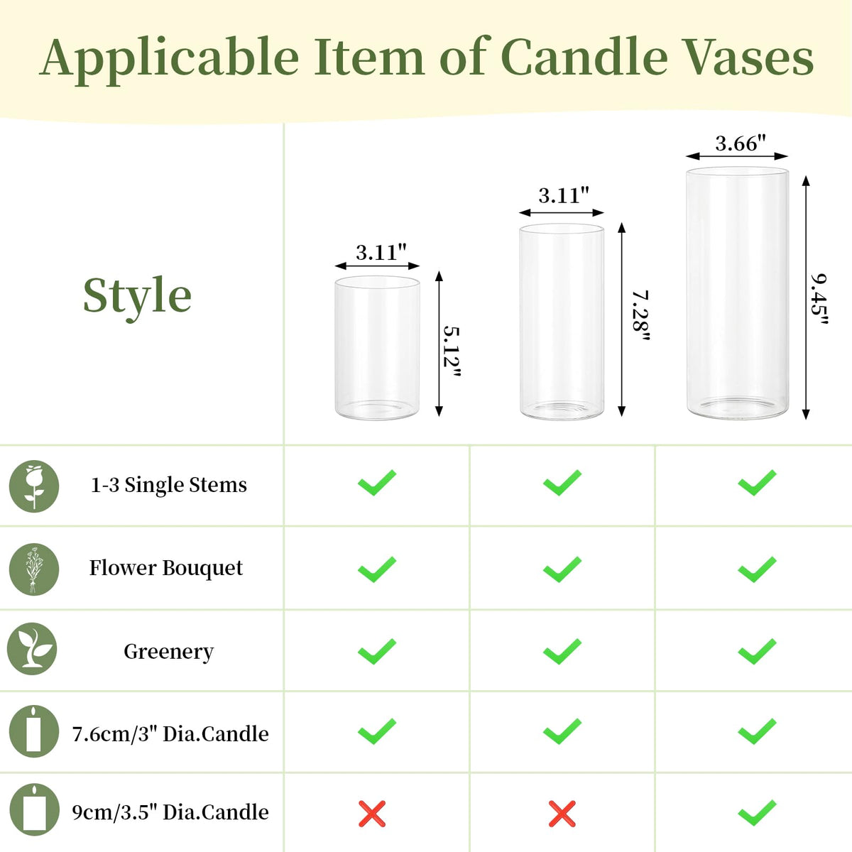 Glasseam Hurricane Glass Candle Holders: 3 Pcs Clear Cylinder Vases for Centerpieces Large Pillar Candle Holder for Floating Candles Modern Home Decor Wedding Table 5.3'' 7.3'' 9.5'' Height