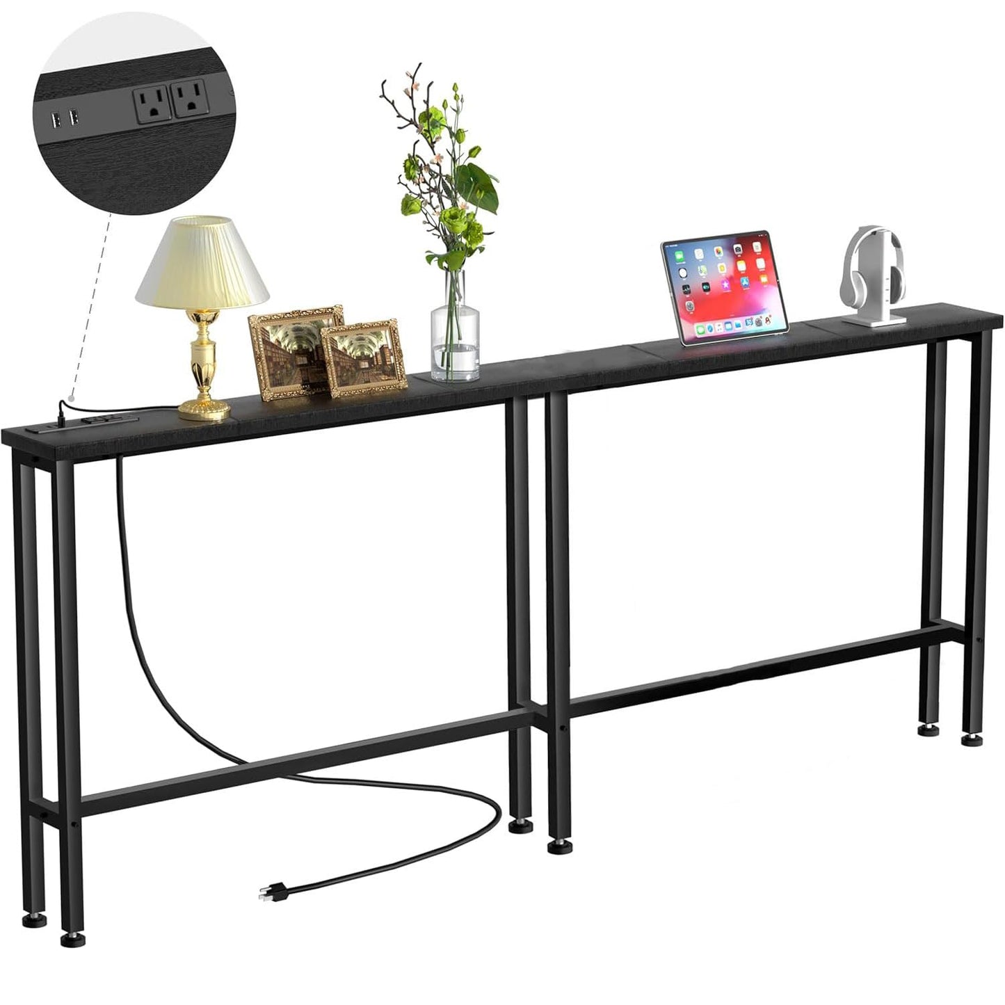 Keelian 63" Sofa Table Narrow Long - 2 Power Outlets & 4 USB Ports, Metal Frame,Behind Couch Table Behind Sofa for Living Room, Hallway, Entrance- Easy Assembly, 4.9' Extension Cord Included.