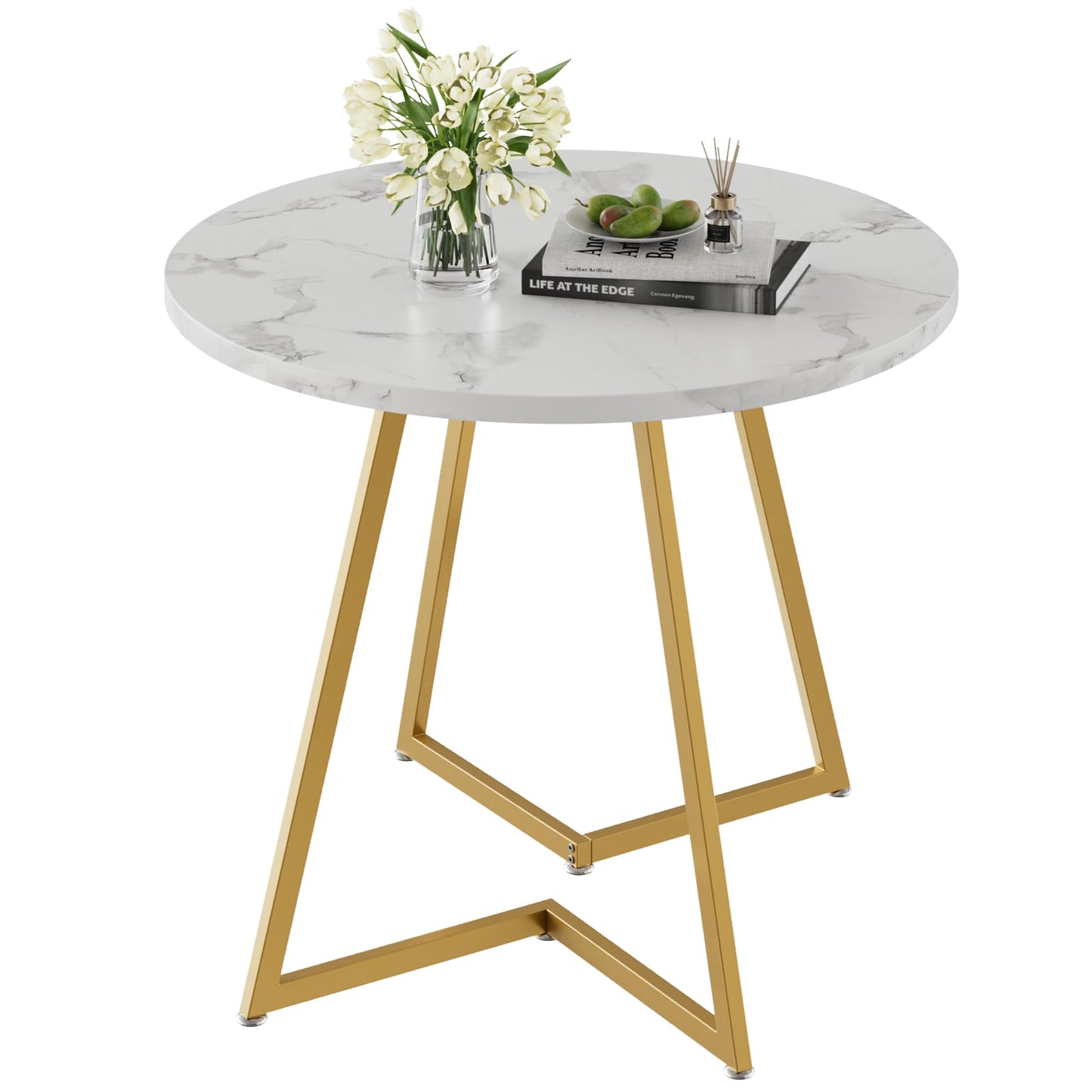 VECELO Round Dining Room Table with Wood Grain Tabletop and Steel Frame, for Kitchen, Living Room, Office, Conference, 2 to 4 Person, White & Gold