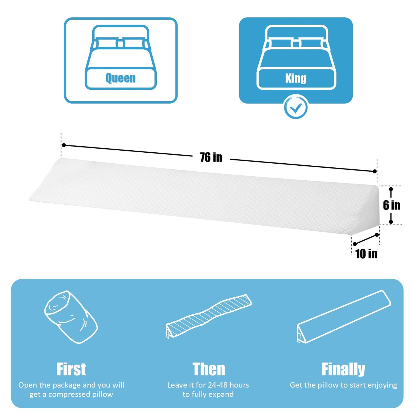 MEGCXIT King Bed Wedge Pillow for Headboard, 76"x10"x6", Bed Gap Filler, Headboard Pillow, Anti-Slip Gap Pillow, Air-Layer White, High Density Foam