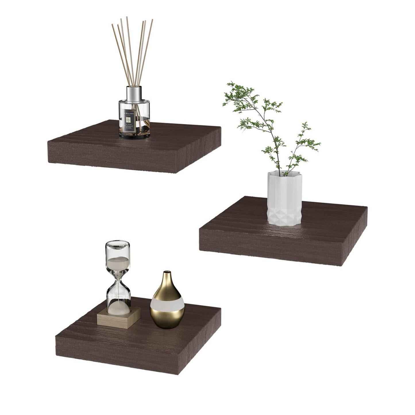 PopiShelves Small Floating Shelves for Wall - 6 Inch Mini Square Rustic Brown Shelves for Bedroom, Living Room, Bathroom, Kitchen, Office Decor Set of 3