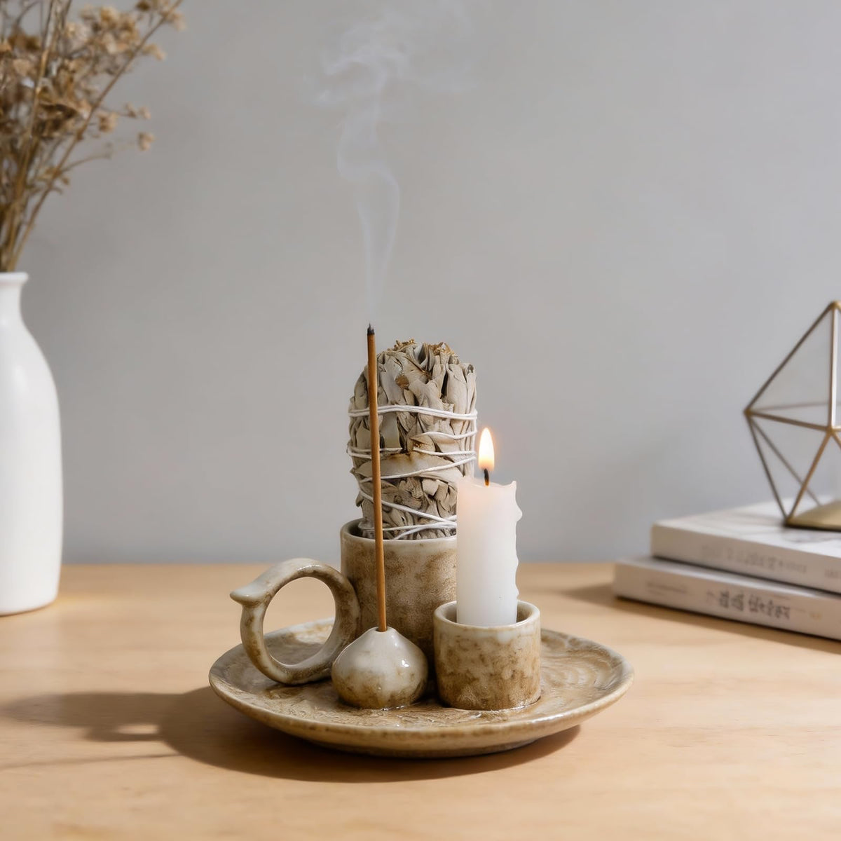 Tnstbiee 4.1-Inch 5-in-1 Ceramic Smudge Bowl-Versatile Incense Stick Holder and Smudging Dish for Palo Santo and Sage–Ideal for Zen Altar, Meditation,Yoga, and Aromatherapy–Easy to Clean Brown Design