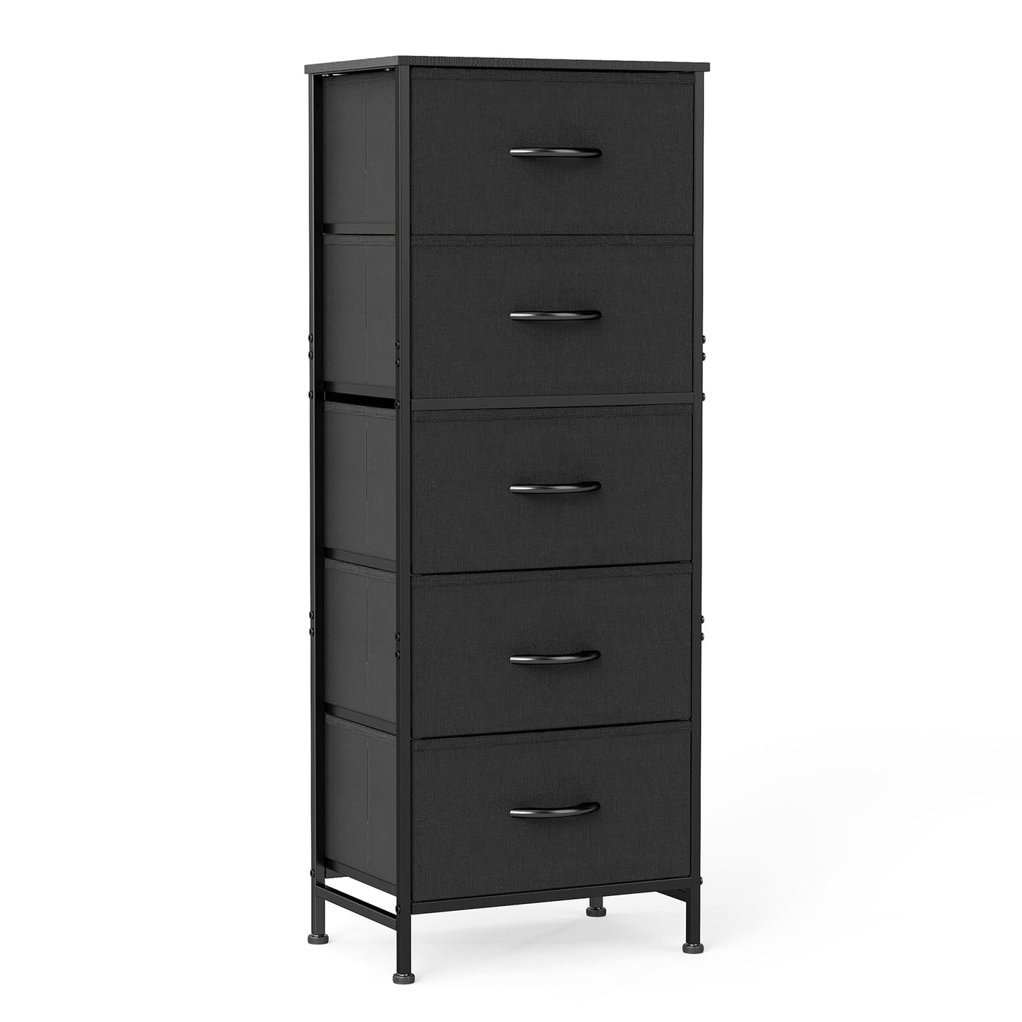 Sweetcrispy 5 Drawer Dresser with Fabric Bins Steel Frame Wood top Storage Chest for Bedroom Closet Hallway Black Compact Organizer Durable Home Storage Solution
