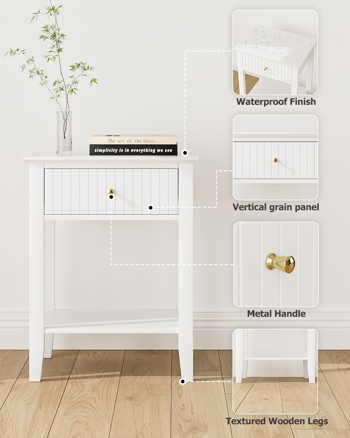 Apetaccat Fluted Nightstand, Farmhouse Night Stand with 1 Drawers, Mid Century Modern Side Accent Table,Bedside End Table for Bedroom, Living Room, White