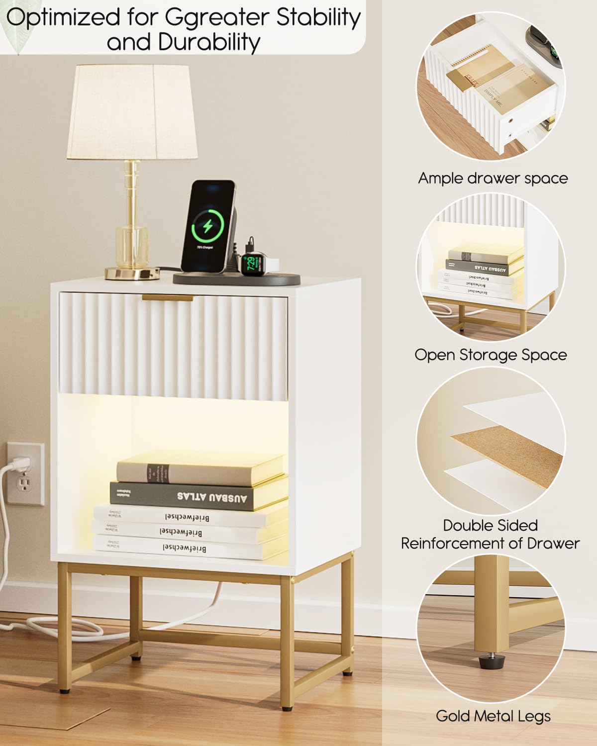 Masupu Fluted Nightstand with Charging Station and LED Lights,Modern Night Stand Wood Bedside Table with Storage Drawer Side End Table for Bedroom, Office,White