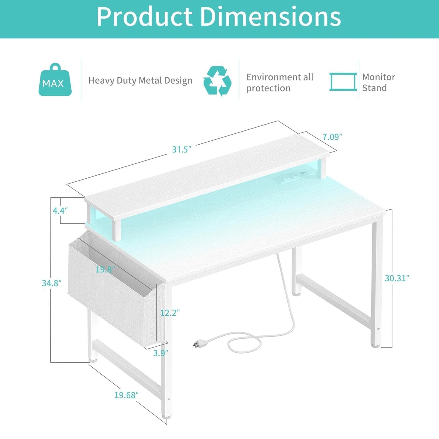 Lufeiya Small White Desk with LED Lights and Power Outlets, 32 Inch Home Office Computer Desks with Monitor Stand, Teen Writing Study Table Gaming Desk with Charging Station, White