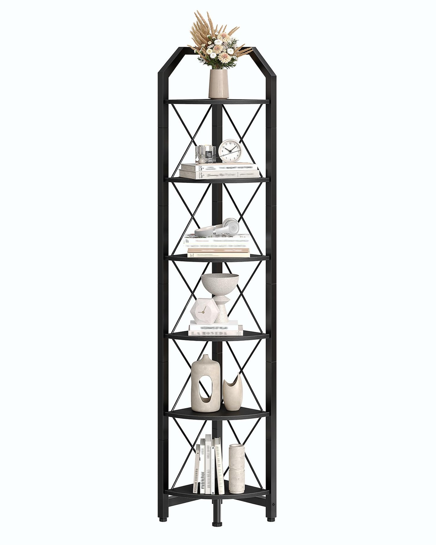 CHOEZON 6-Tier Corner Shelf, Industrial Corner Bookshelf, 71.2" Display Storage Stand, Plant Stand Display Shelf, Tall Bookcase for Bedroom, Living Room, Home Office, Black TCJ11BB