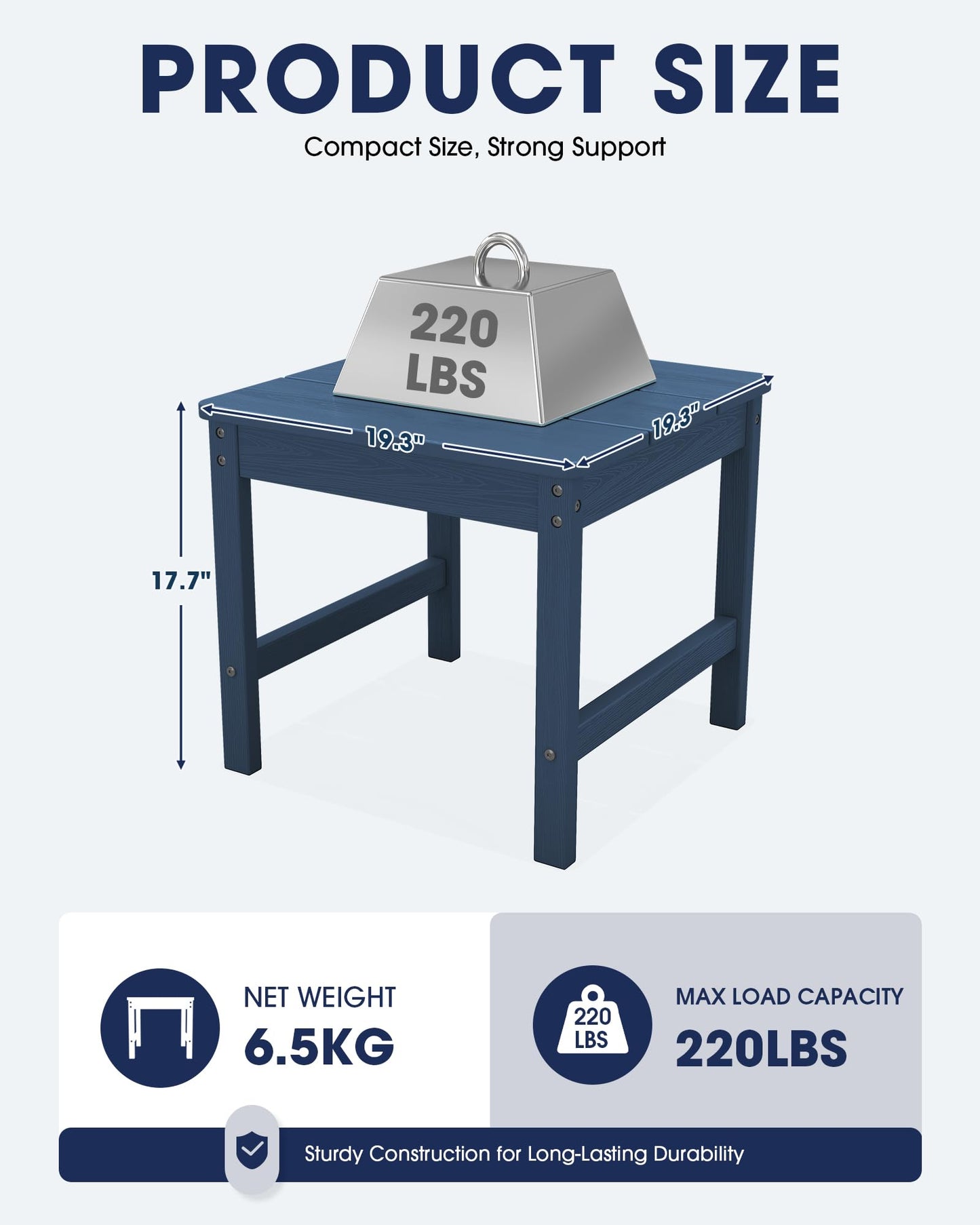 KINGYES Double Side Table with 1.6'' Umbrella Hole, HDPE Adirondack End Table- Blue