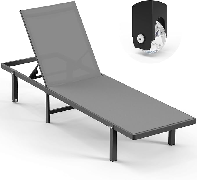 Lounge Chair Outdoor with Wheels, Aluminum Chaise Lounge Outdoor Chair with 5