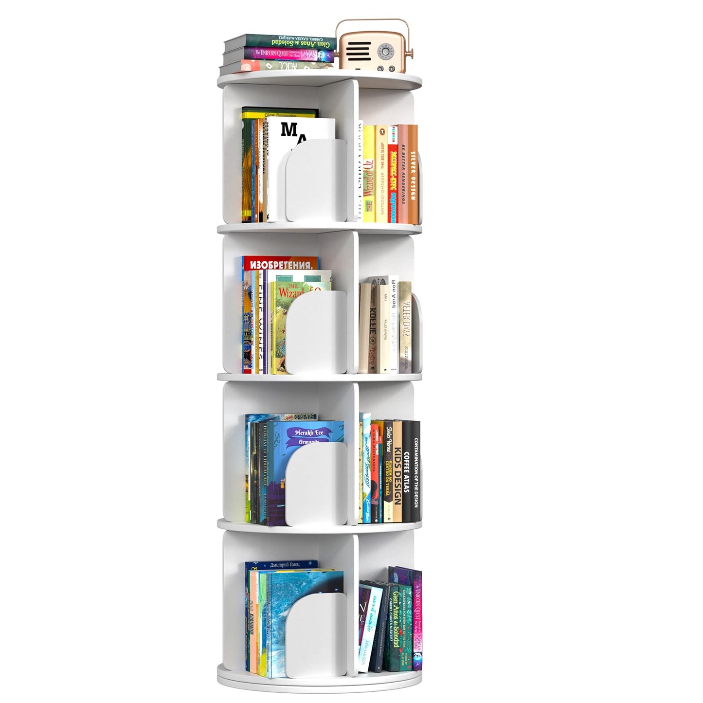 Kryonix Rotating Bookshelf, Spinning Bookshelf Tower 4 Tier, 360° Revolving Bookcase Lazy Susan, Multi-Functiona Corner Round Turning Book Shelf Organizer for Small Spaces(Off-White)