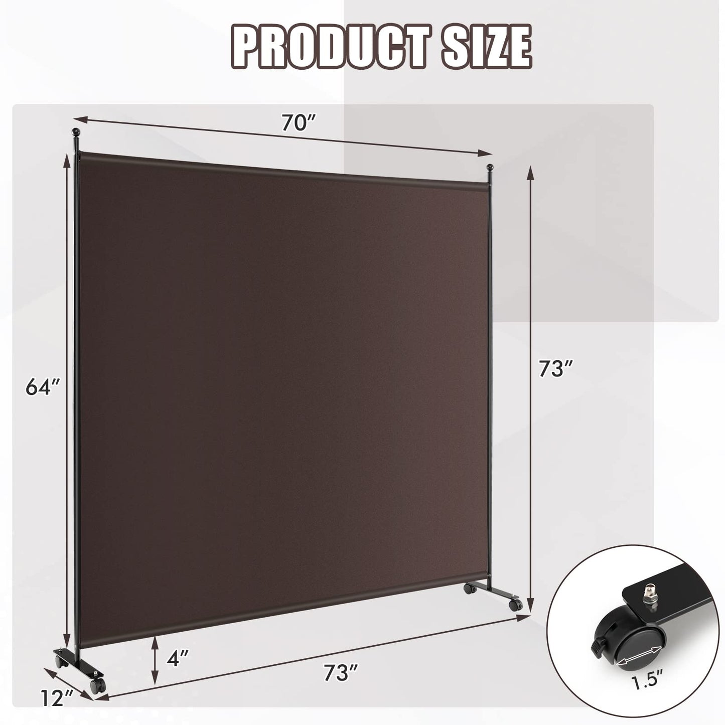 GOFLAME 6FT Single Panel Room Divider, Wide Rolling Privacy Screen with Lockable Wheels, Portable Room Partition Screen, Freestanding Wall Divider and Separator for Home Office, Brown