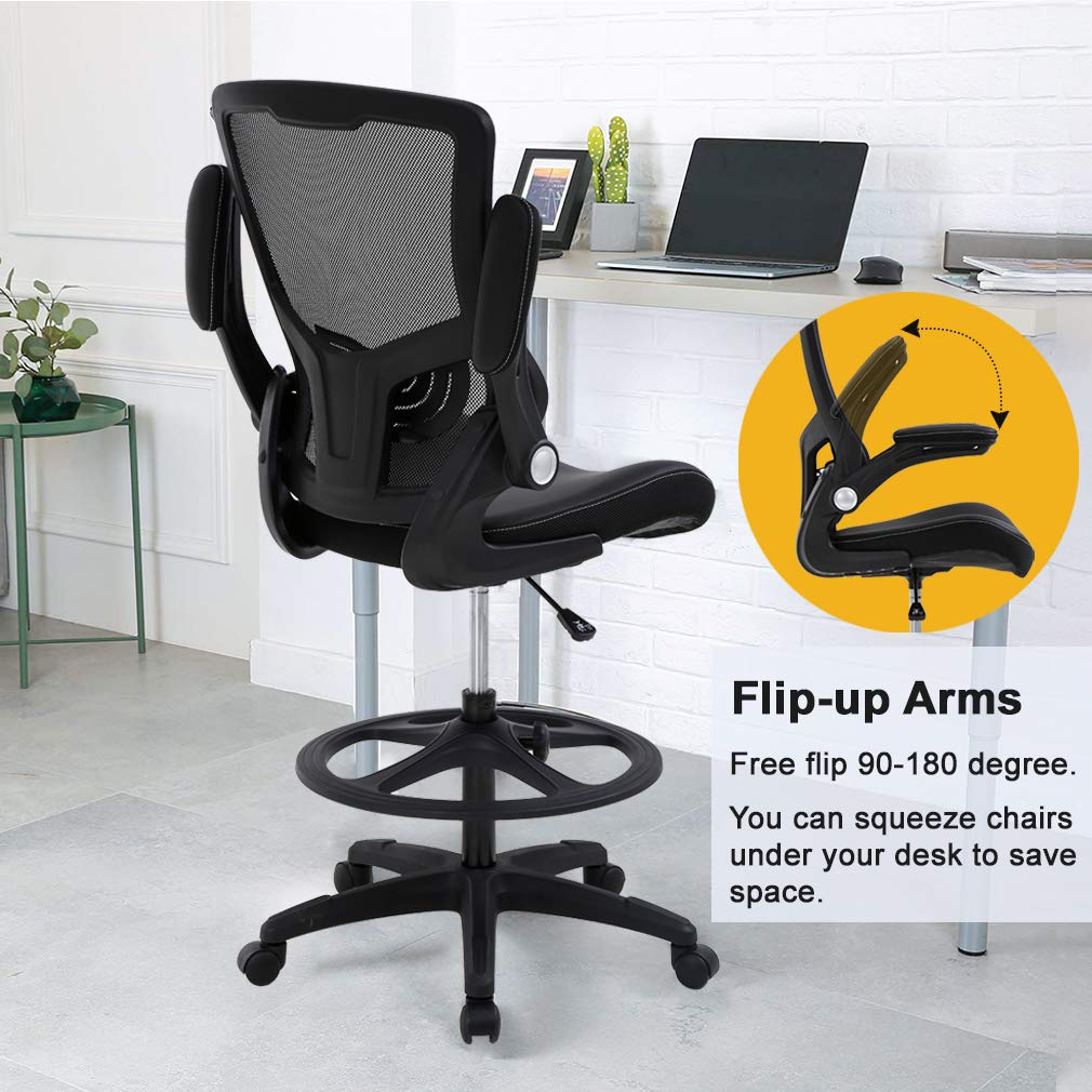 BestOffice Drafting Chair Ergonomic Tall Office Chair Standing Desk Chair with Flip Up Arms Foot Rest Back Support Adjustable Height Mesh Drafting Stool, Black