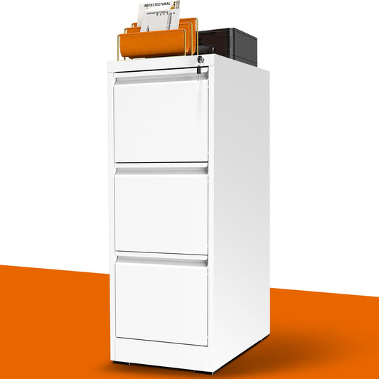 3 Drawer File Cabinet with Lock, Metal Vertical File Cabinets for Home Office, Office Furniture for Organization Hanging Legal/Letter/A4, Office File Cabinet Storage Cabinet, Require Assembly, White