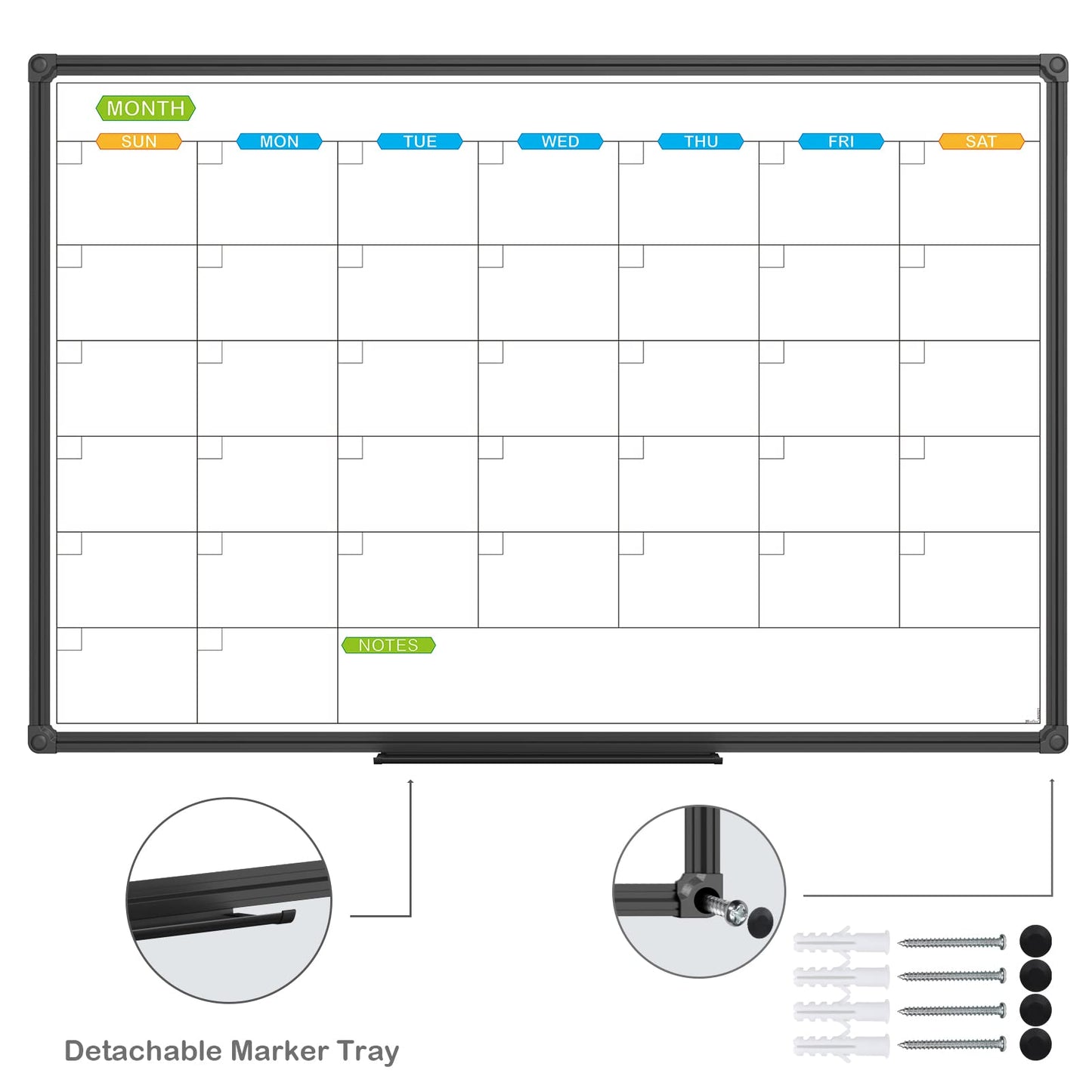 JILoffice Dry Erase Calendar Whiteboard - Magnetic White Board Monthly 36 x 24 Inch, Black Aluminum Frame Wall Mounted for Office Home and School