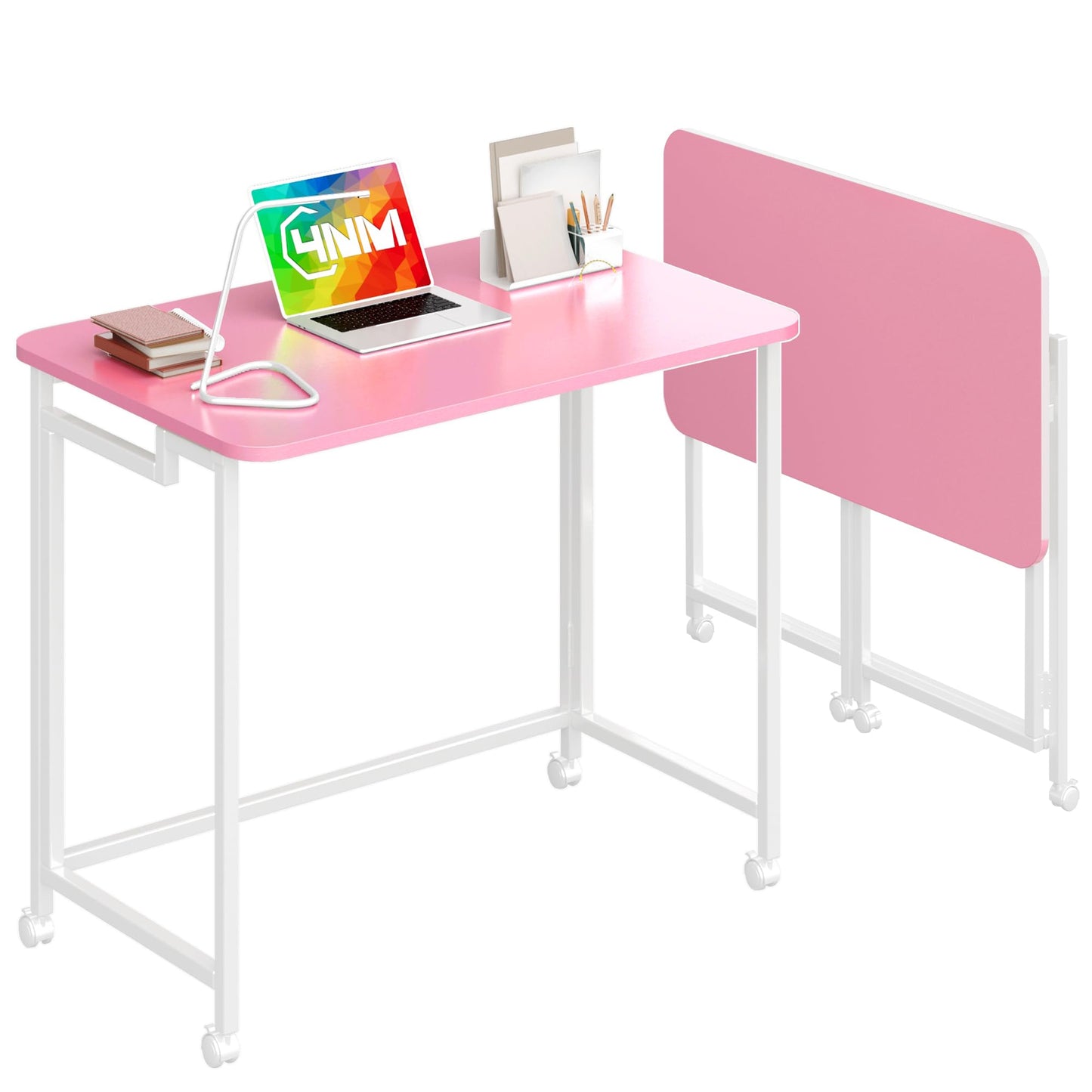 4NM 27.5" Mobile Small Rolling Computer Desk, Folding Laptop Cart Table with Wheels, Portable Office Desk for Small Space Couch Bed - Pink and White