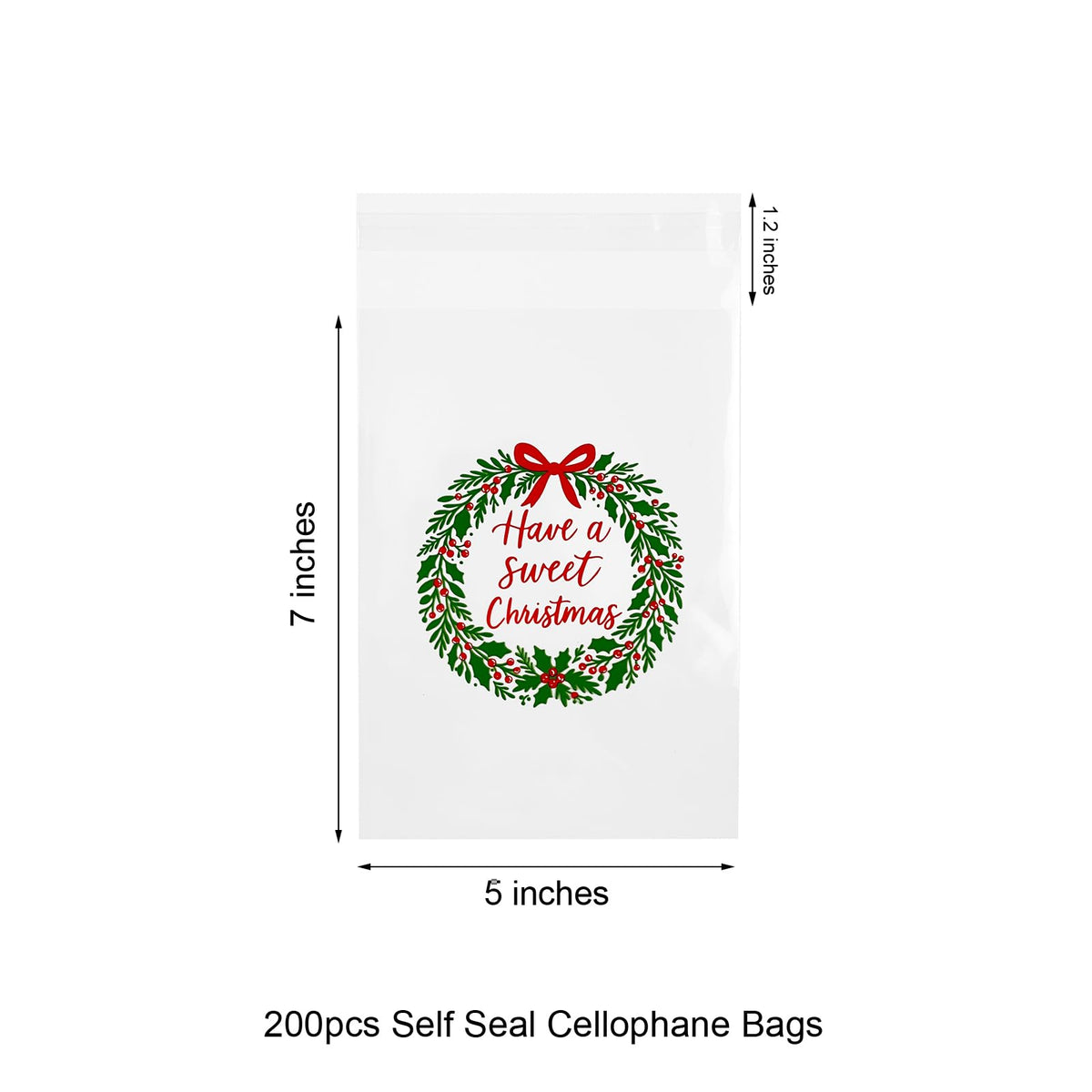 EKAPACKAGING 200 Pcs 5x7 Inches Self Sealing Cellophane Bags, Christmas Print Cookie Bags with Seal, Resealable Treat Bags for Party Favors, Bake Sale Packaging, Individual Packaging