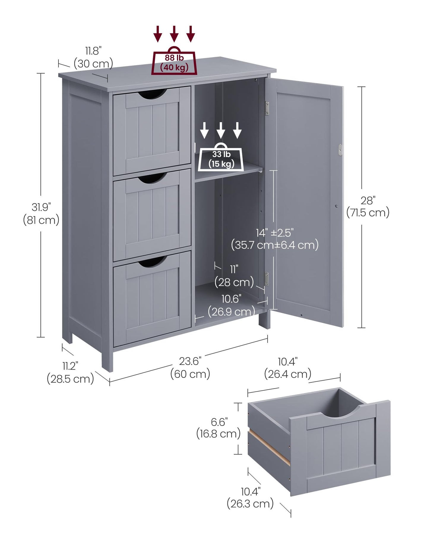 VASAGLE Floor Storage Cabinet, Freestanding Storage Unit with 3 Drawers, 1 Adjustable Shelf, for Bathroom Living Room Dining Kitchen, 11.8 x 23.6 x 31.5 Inches, Dove Gray UBBC049G02