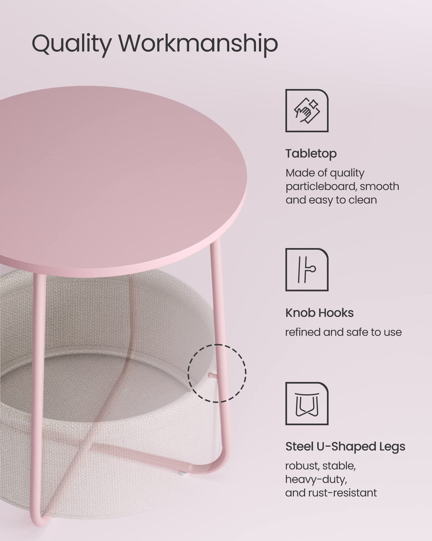VASAGLE LILEA Collection - Small Round Side End Table, Modern Nightstand with Fabric Basket, Jelly Pink and Cream White ULET223R61