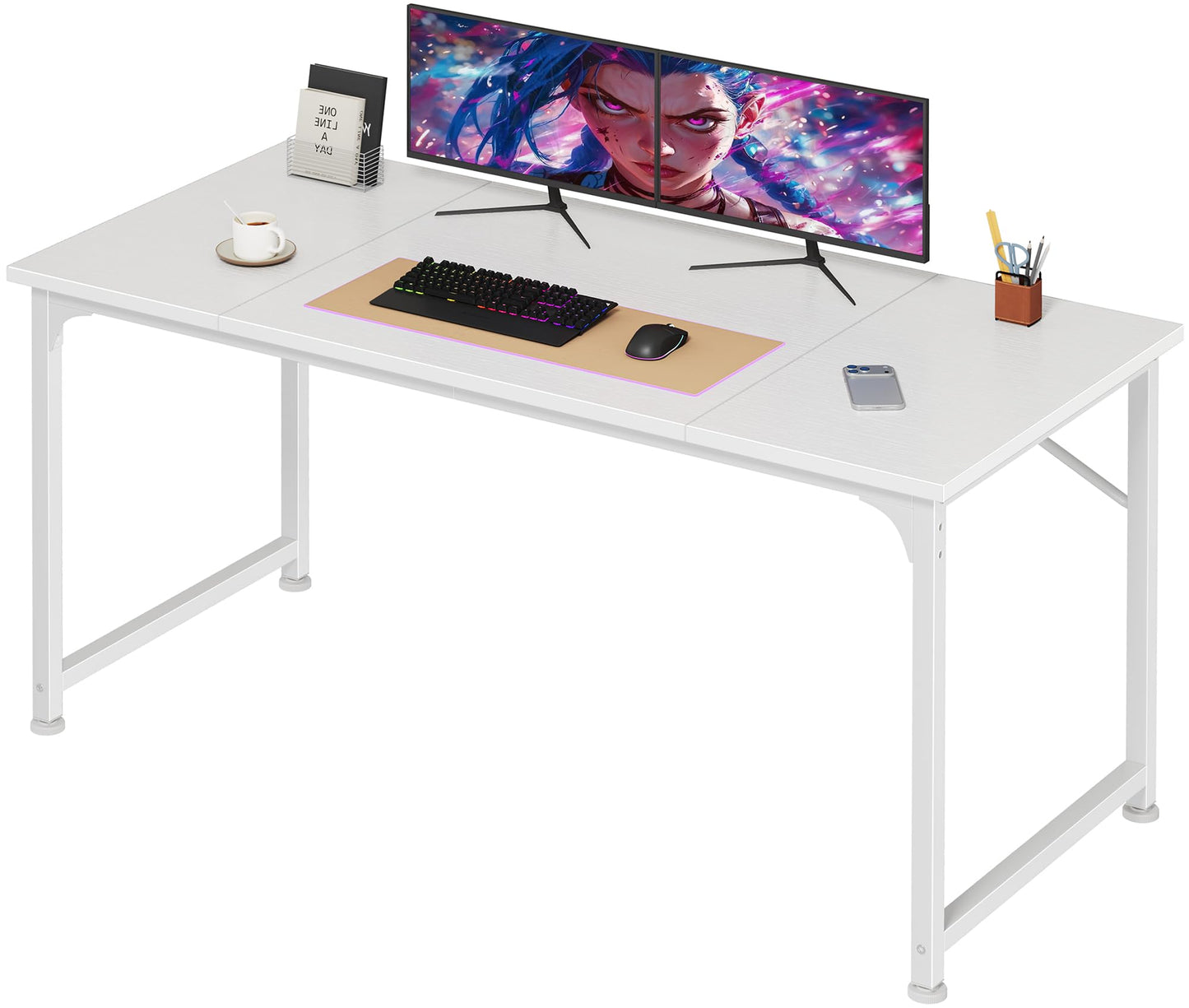 PRAISUN 47 Inch Computer Desk, Home Office Desk with Spacious Desktop, Modern Gaming Desk, Writing Study Table for Bedroom, Small Spaces, Work from Home Desk with Metal Frame, White