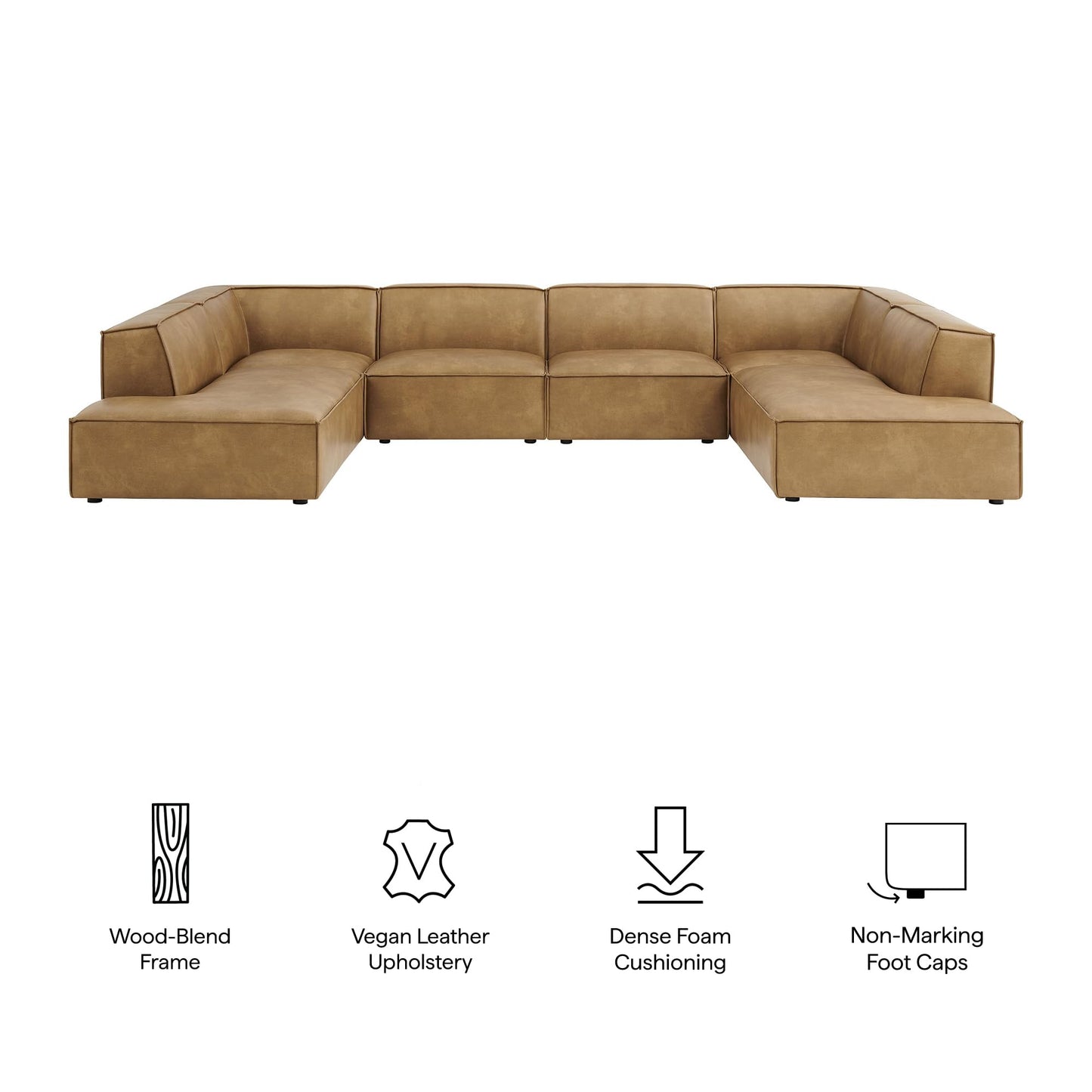 Modway Restore Faux Leather 6-Piece Modular U-Shaped Armless Sectional Sofa in Toast – Vegan Leather Couch with Left-Facing Chaise, Right-Facing Armless Chaise, and Two Armless Chairs