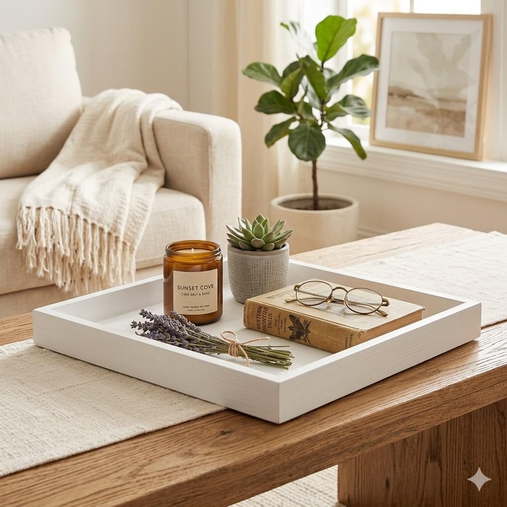 Ottoman Tray for Coffee Table Living Room Wood Serving Tray Large Wooden Square 20 Inches White