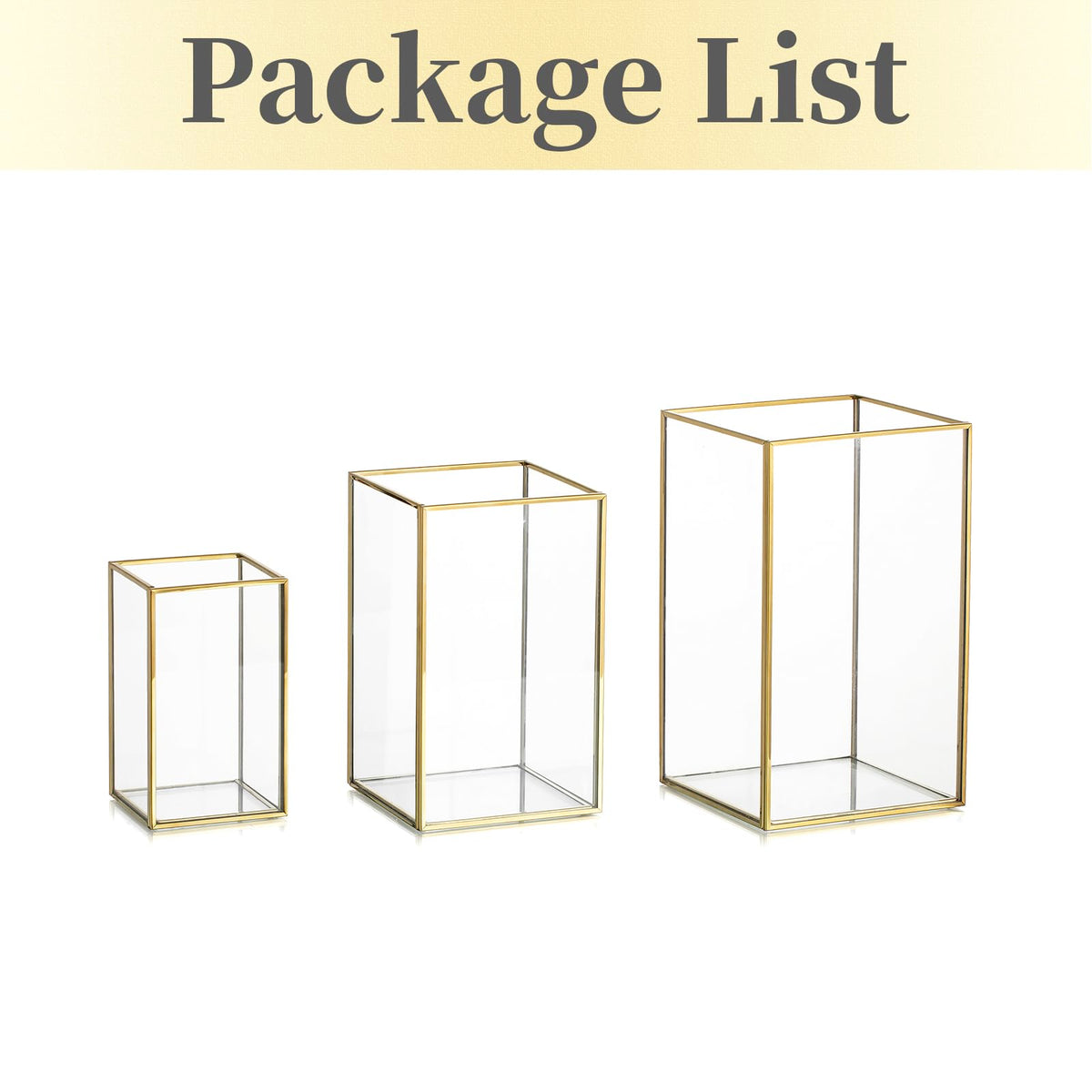 Glass Hurricane Candle Holder Large - Hewory 3pcs Gold Rectangle Flower Holders Centerpiece for Table, Tall Floor Square Pillar Candle Lantern for Wedding, Anniversary, Party, Fireplace, Dining Room