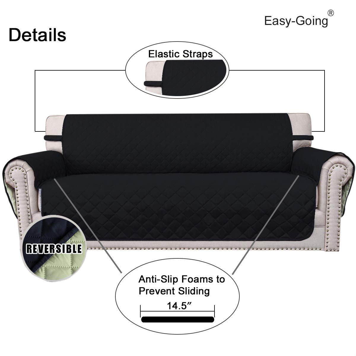Easy-Going Reversible Couch Cover for 3 Cushion Couch Sofa Cover for Dogs Water Resistant Furniture Protector Cover with Foam Sticks Elastic Straps for Pet Cat (Sofa, Black/Beige)