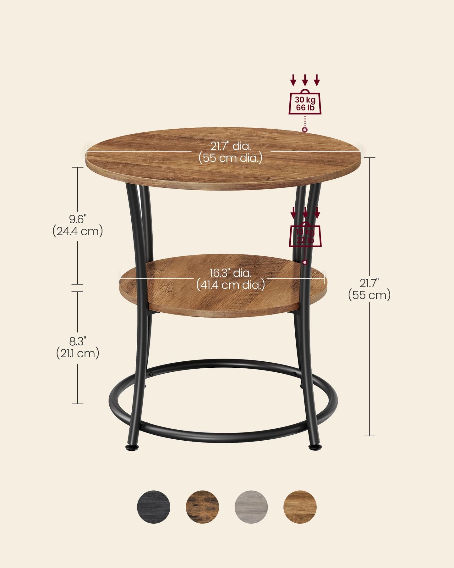 VASAGLE 21.7-Inch Round Side Table, 2-Tier End Table, Nightstand with Steel Frame, Spacious Top, for Small Spaces, Living Room, Bedroom, Honey Brown and Ink Black ULET056B41